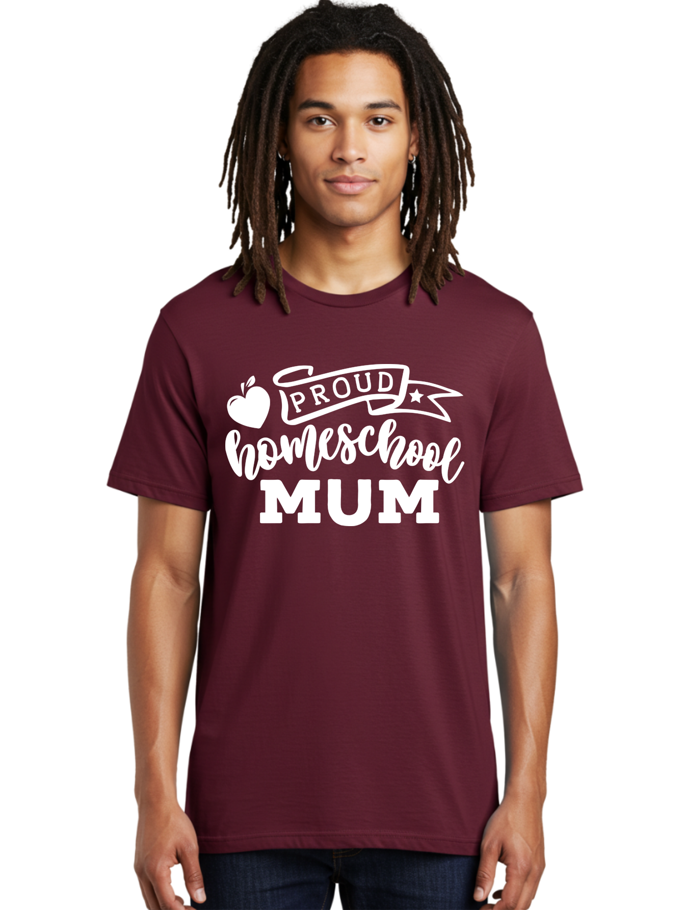 Proud-Homeschool-Mum-1 Men'S Graphic Tee, 100% Cotton, Comfortable Casual Summer Wear, Machine Washable, Homeschool Mom, Proud Parent, Homeschooling, Motherhood, Education, Apple Logo, Star Symbol, Banner Design, Parent Teacher, Aab425