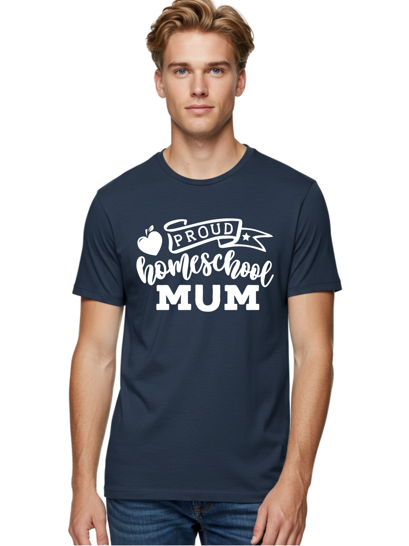 Proud-Homeschool-Mum-1 Men'S Graphic Tee, 100% Cotton, Comfortable Casual Summer Wear, Machine Washable, Homeschool Mom, Proud Parent, Homeschooling, Motherhood, Education, Apple Logo, Star Symbol, Banner Design, Parent Teacher, Aab425
