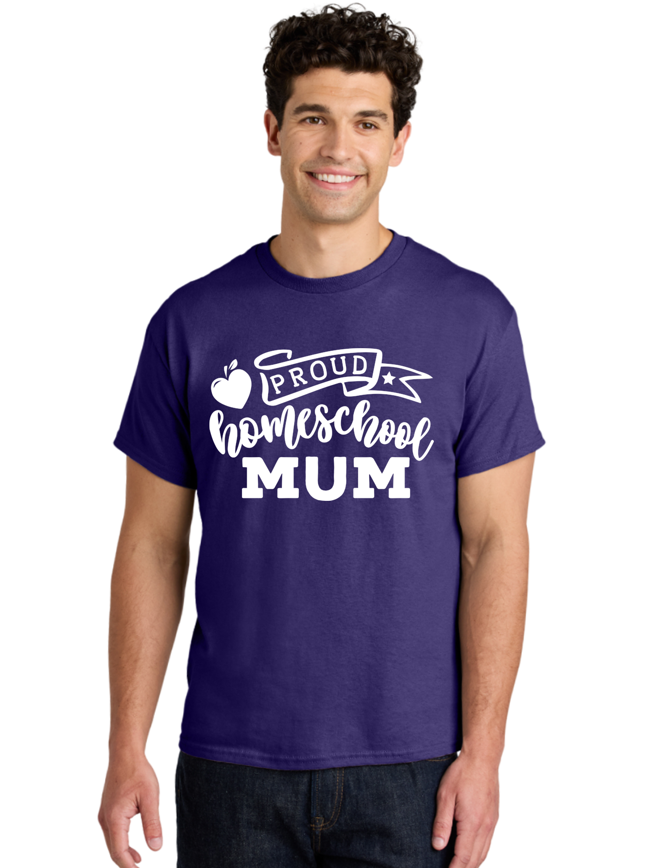 Proud-Homeschool-Mum-1 Men'S Graphic Tee, 100% Cotton, Comfortable Casual Summer Wear, Machine Washable, Homeschool Mom, Proud Parent, Homeschooling, Motherhood, Education, Apple Logo, Star Symbol, Banner Design, Parent Teacher, Aab425