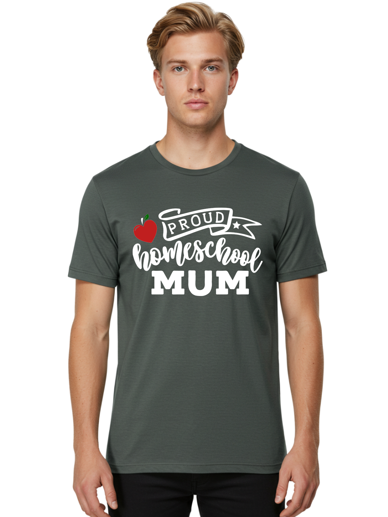 Proud-Homeschool-Mum-2 Men'S Graphic Tee, 100% Cotton, Comfortable Casual Summer Wear, Machine Washable, Proud Homeschool Mum, Homeschooling Mom, Home Education, Proud Parent, Apple Logo, Banner Design, Star Symbol, Custom Apparel, Aab426