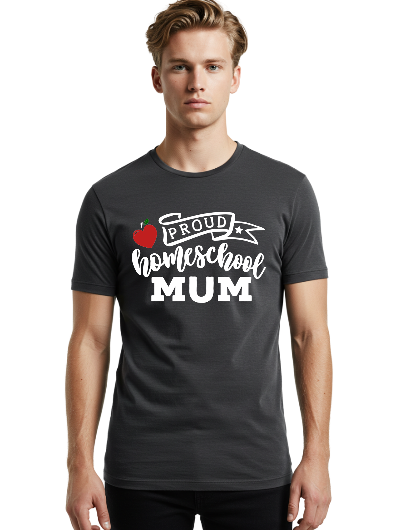 Proud-Homeschool-Mum-2 Men'S Graphic Tee, 100% Cotton, Comfortable Casual Summer Wear, Machine Washable, Proud Homeschool Mum, Homeschooling Mom, Home Education, Proud Parent, Apple Logo, Banner Design, Star Symbol, Custom Apparel, Aab426