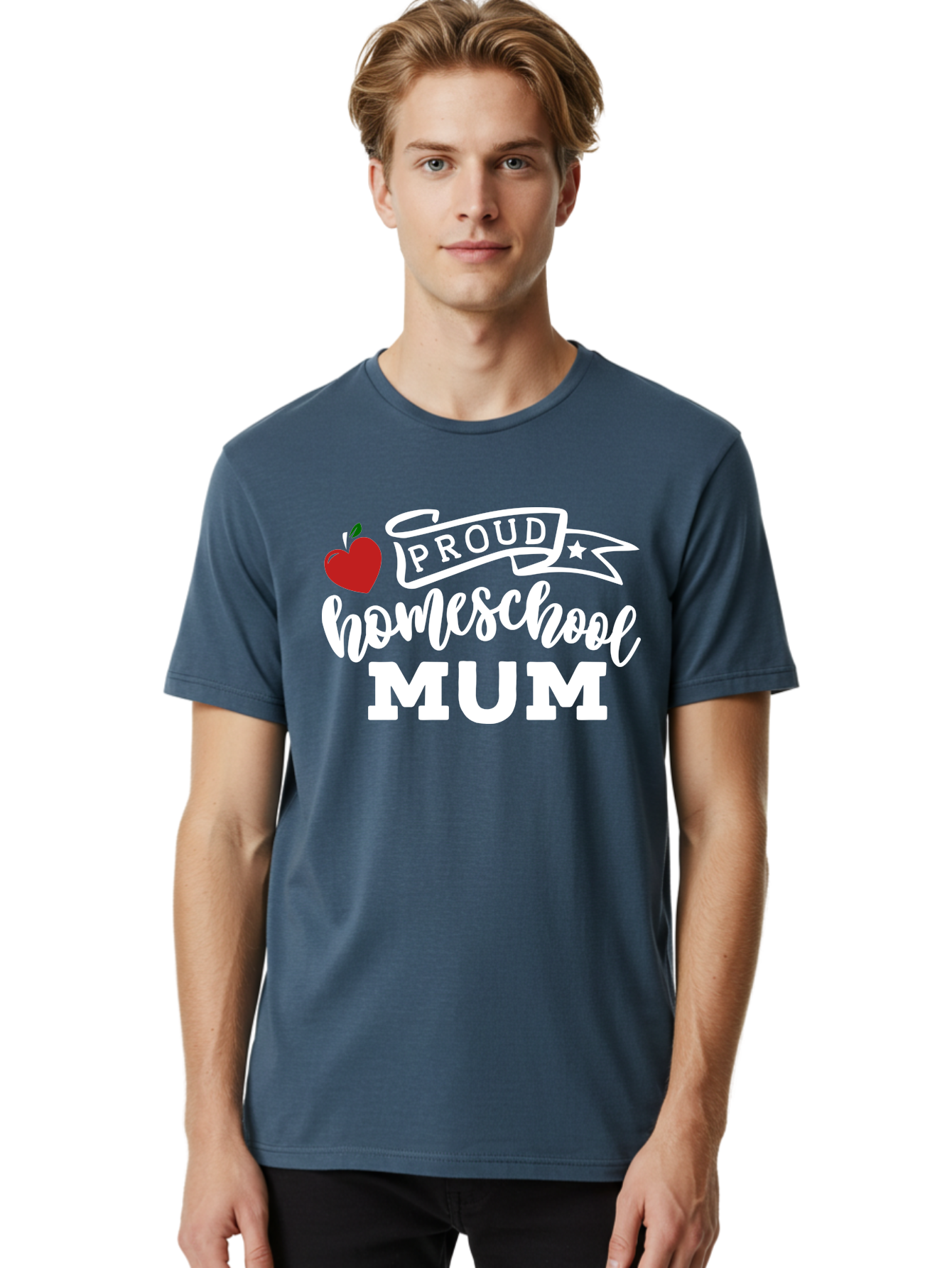 Proud-Homeschool-Mum-2 Men'S Graphic Tee, 100% Cotton, Comfortable Casual Summer Wear, Machine Washable, Proud Homeschool Mum, Homeschooling Mom, Home Education, Proud Parent, Apple Logo, Banner Design, Star Symbol, Custom Apparel, Aab426