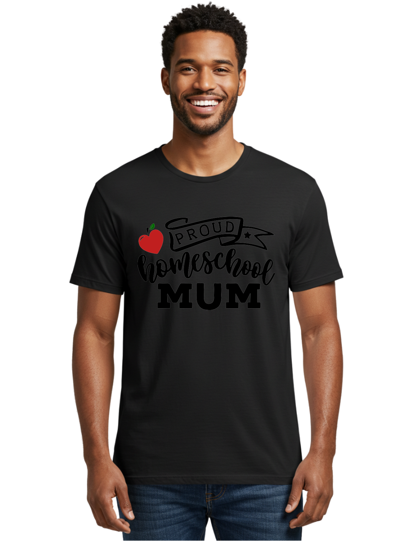 Proud-Homeschool-Mum-3 Men'S Graphic Tee, 100% Cotton, Comfortable Casual Summer Wear, Machine Washable, Homeschool Mom, Proud Parent, Apple Graphic, Inspirational Quote, Black Lettering, Bold Font, Motivational Message, Parenting Pride, Aab427