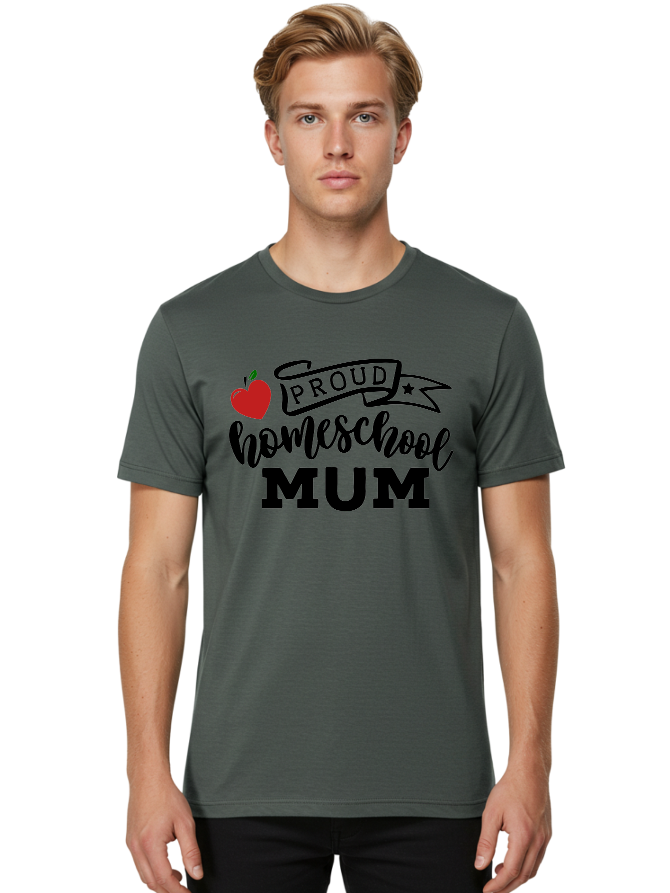 Proud-Homeschool-Mum-3 Men'S Graphic Tee, 100% Cotton, Comfortable Casual Summer Wear, Machine Washable, Homeschool Mom, Proud Parent, Apple Graphic, Inspirational Quote, Black Lettering, Bold Font, Motivational Message, Parenting Pride, Aab427