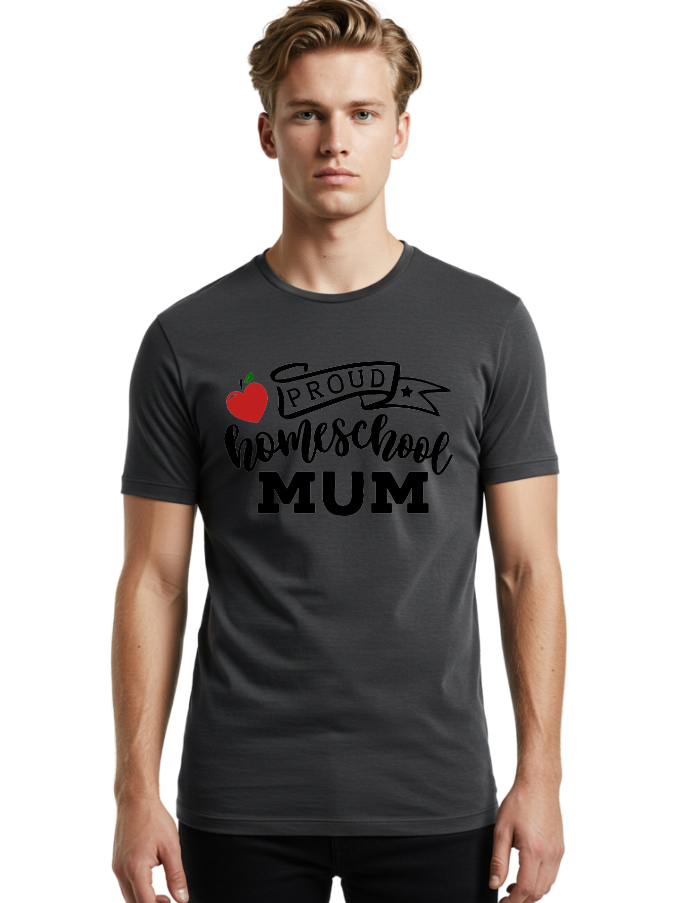 Proud-Homeschool-Mum-3 Men'S Graphic Tee, 100% Cotton, Comfortable Casual Summer Wear, Machine Washable, Homeschool Mom, Proud Parent, Apple Graphic, Inspirational Quote, Black Lettering, Bold Font, Motivational Message, Parenting Pride, Aab427