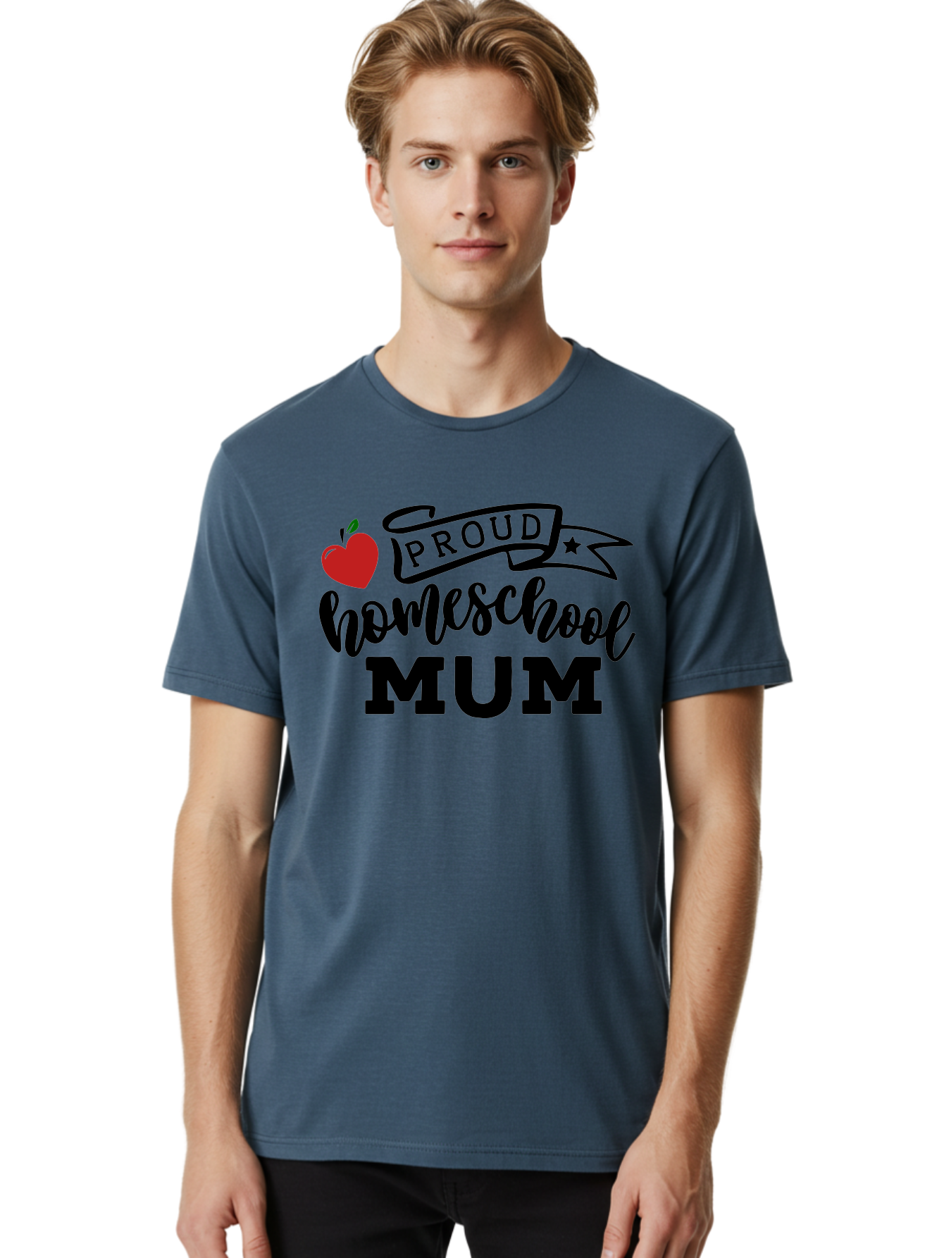 Proud-Homeschool-Mum-3 Men'S Graphic Tee, 100% Cotton, Comfortable Casual Summer Wear, Machine Washable, Homeschool Mom, Proud Parent, Apple Graphic, Inspirational Quote, Black Lettering, Bold Font, Motivational Message, Parenting Pride, Aab427