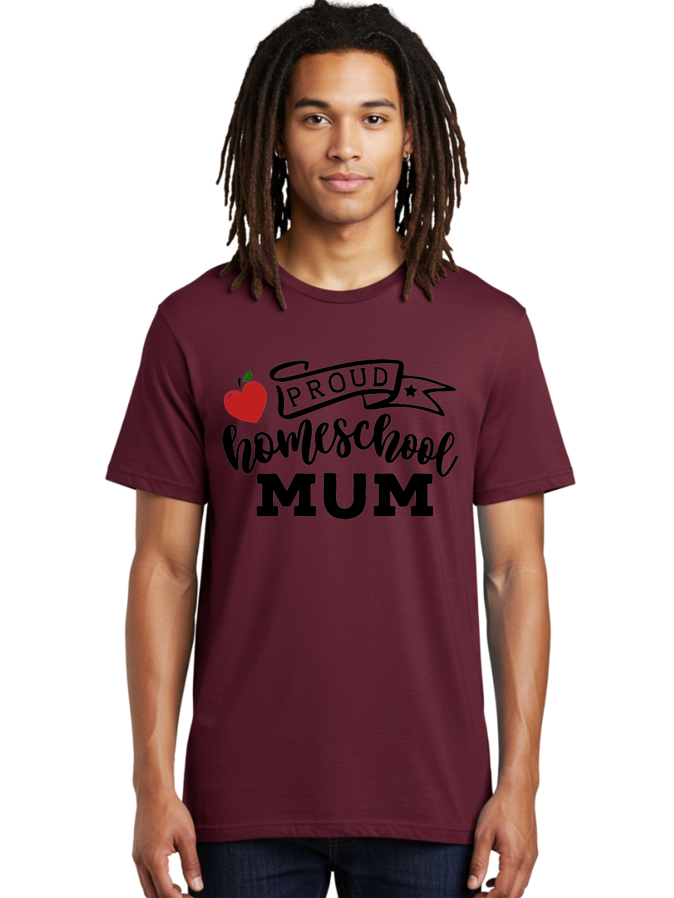 Proud-Homeschool-Mum-3 Men'S Graphic Tee, 100% Cotton, Comfortable Casual Summer Wear, Machine Washable, Homeschool Mom, Proud Parent, Apple Graphic, Inspirational Quote, Black Lettering, Bold Font, Motivational Message, Parenting Pride, Aab427
