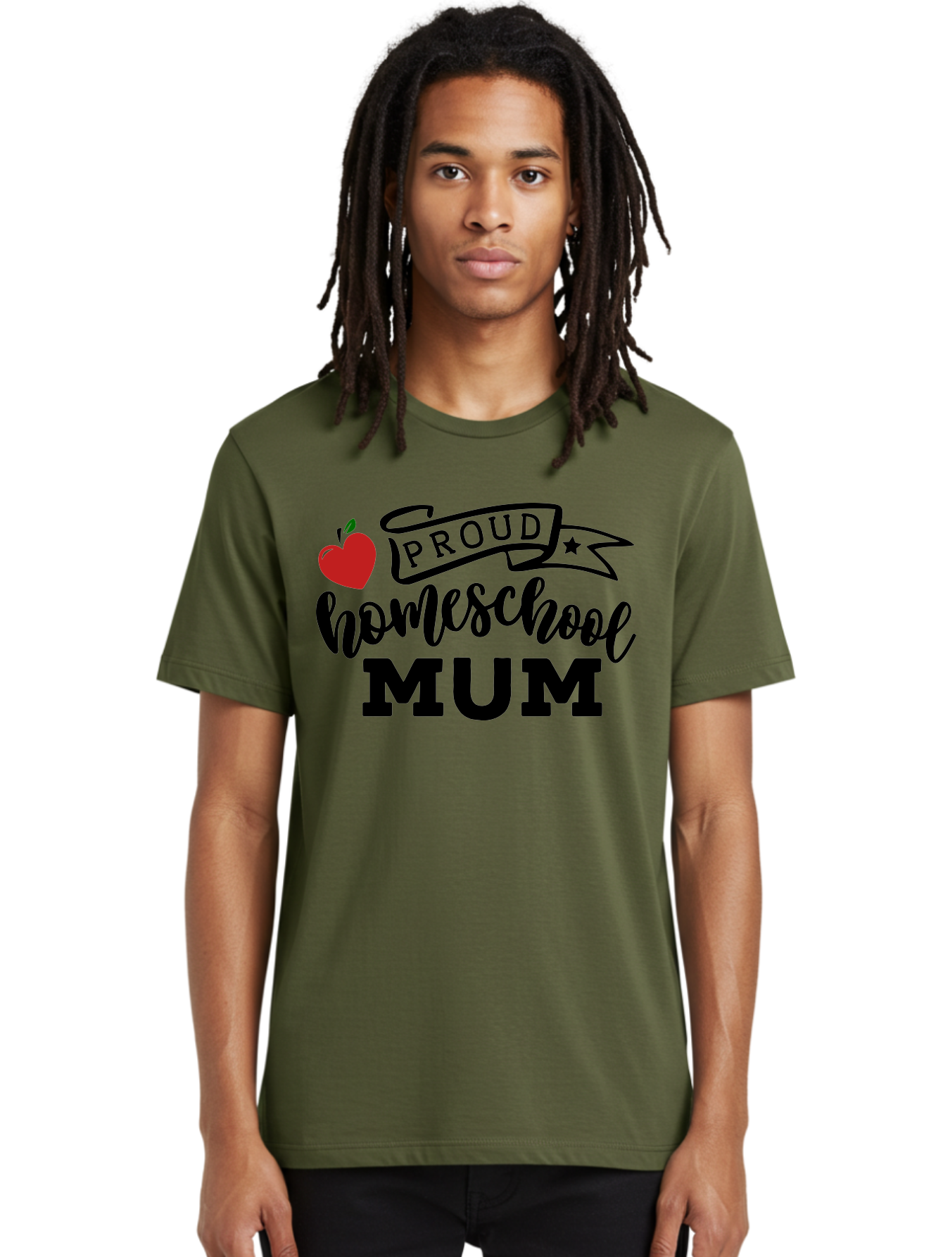Proud-Homeschool-Mum-3 Men'S Graphic Tee, 100% Cotton, Comfortable Casual Summer Wear, Machine Washable, Homeschool Mom, Proud Parent, Apple Graphic, Inspirational Quote, Black Lettering, Bold Font, Motivational Message, Parenting Pride, Aab427