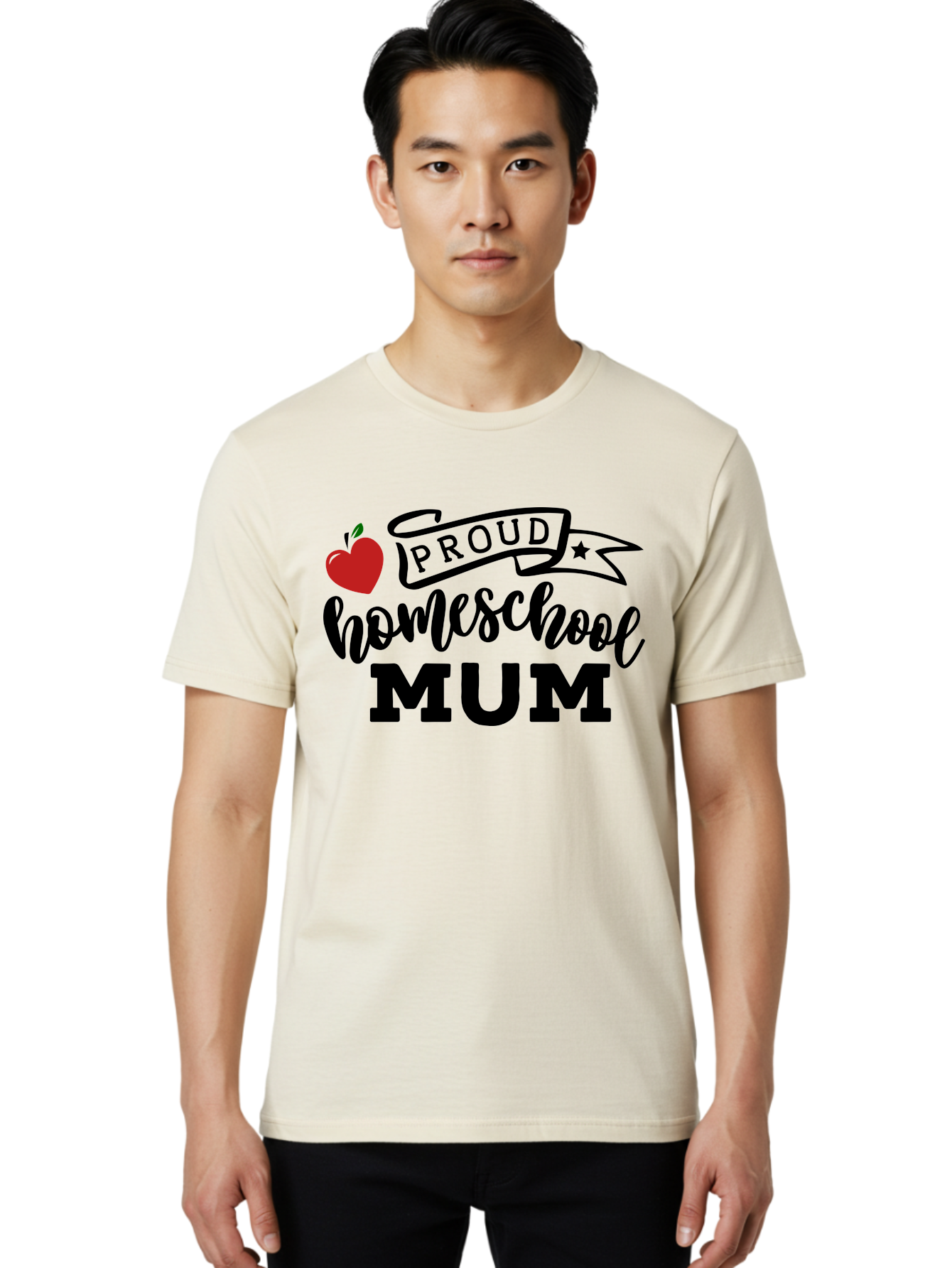 Proud-Homeschool-Mum-3 Men'S Graphic Tee, 100% Cotton, Comfortable Casual Summer Wear, Machine Washable, Homeschool Mom, Proud Parent, Apple Graphic, Inspirational Quote, Black Lettering, Bold Font, Motivational Message, Parenting Pride, Aab427