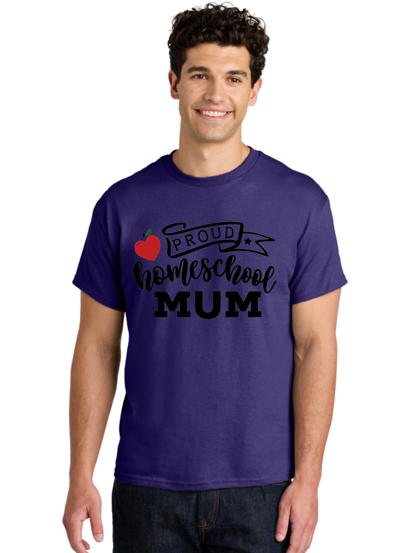 Proud-Homeschool-Mum-3 Men'S Graphic Tee, 100% Cotton, Comfortable Casual Summer Wear, Machine Washable, Homeschool Mom, Proud Parent, Apple Graphic, Inspirational Quote, Black Lettering, Bold Font, Motivational Message, Parenting Pride, Aab427