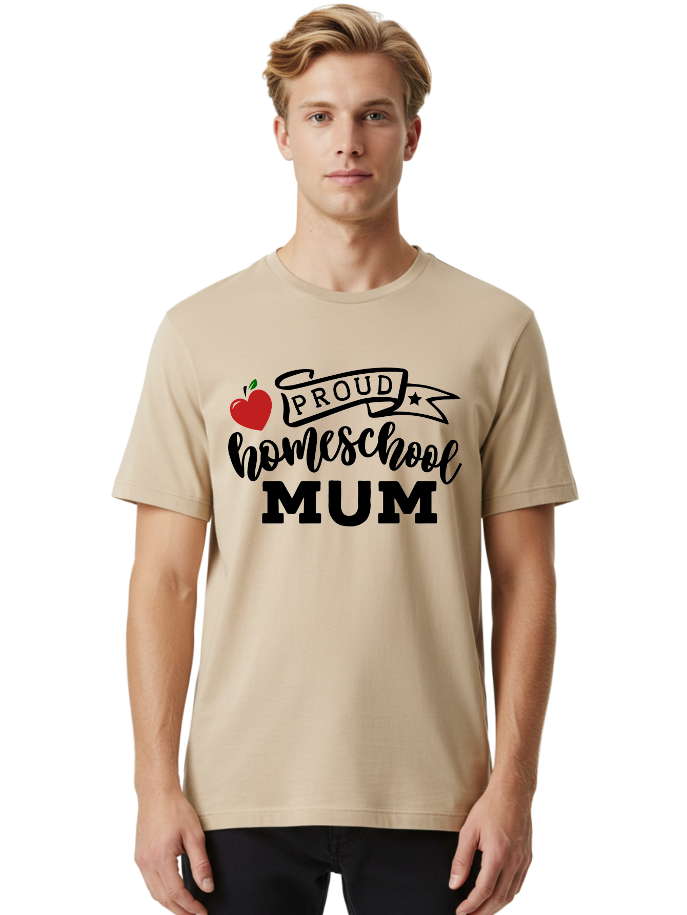Proud-Homeschool-Mum-3 Men'S Graphic Tee, 100% Cotton, Comfortable Casual Summer Wear, Machine Washable, Homeschool Mom, Proud Parent, Apple Graphic, Inspirational Quote, Black Lettering, Bold Font, Motivational Message, Parenting Pride, Aab427