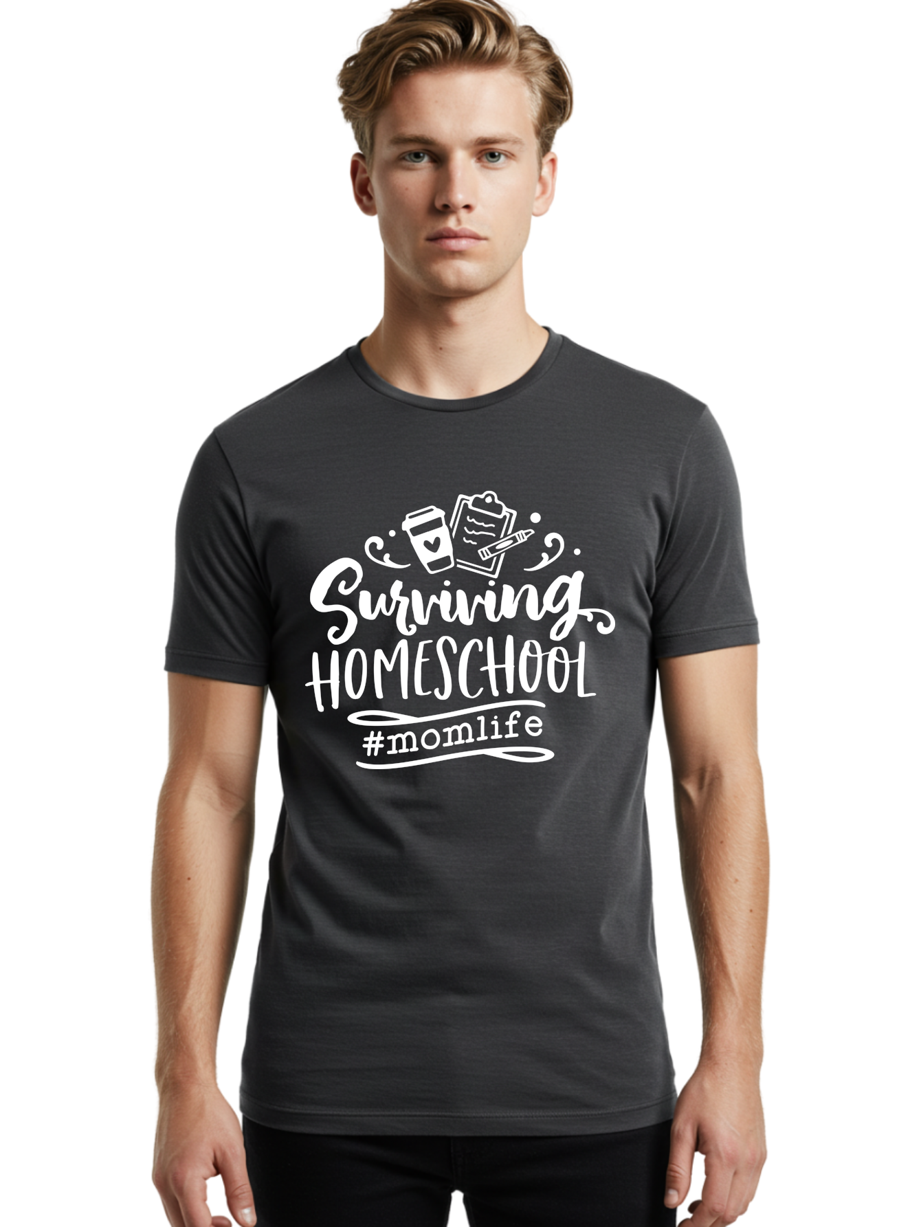 Surviving-Homeschool-1 Men'S Graphic Tee, 100% Cotton, Comfortable Casual Summer Wear, Machine Washable, Homeschooling Mom, Mom Life, Surviving Homeschool, Homeschool Survival, Parenting Tips, Education At Home, Momlife, Coffee Cup, Clipboard, Aab432