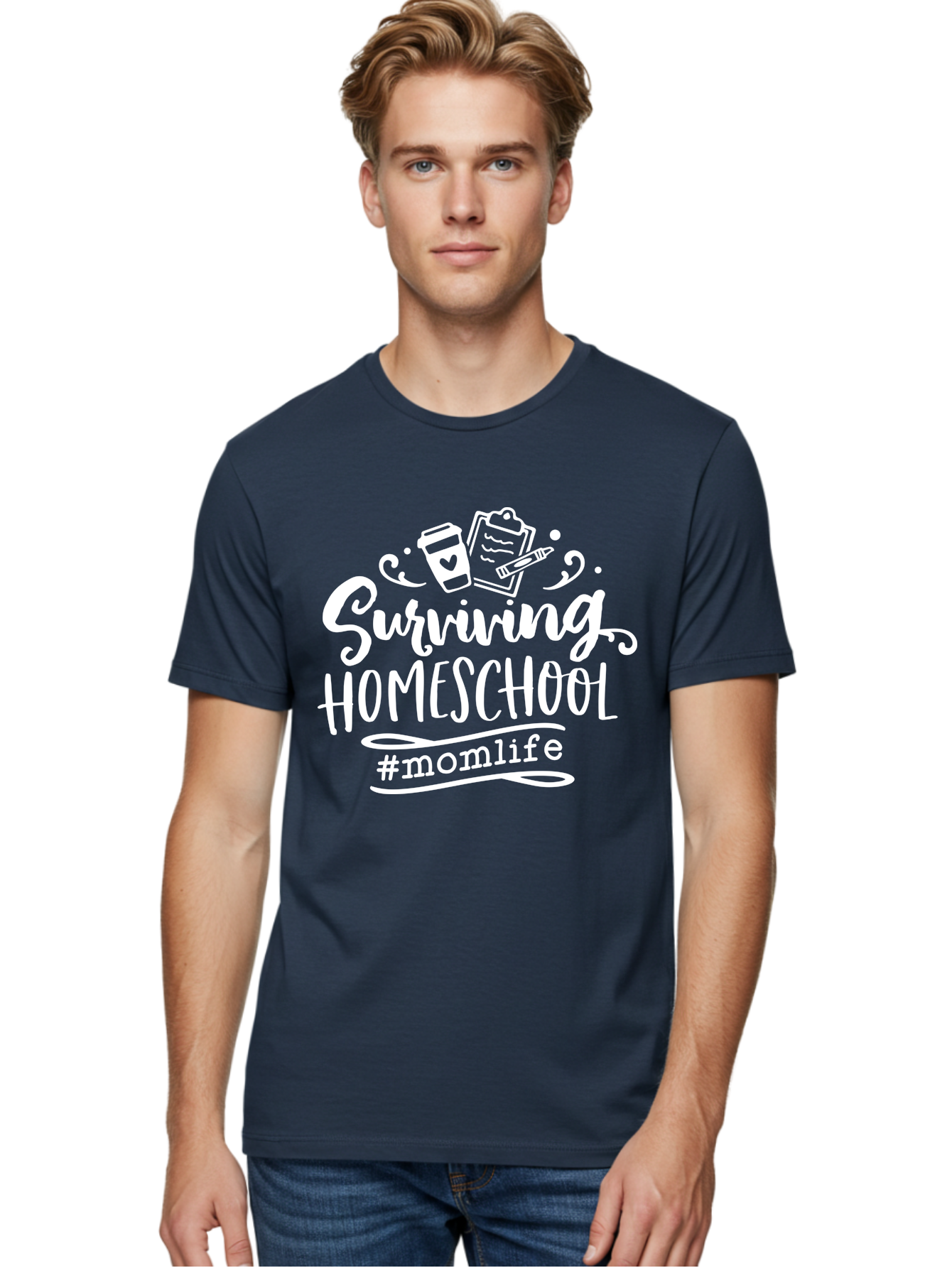 Surviving-Homeschool-1 Men'S Graphic Tee, 100% Cotton, Comfortable Casual Summer Wear, Machine Washable, Homeschooling Mom, Mom Life, Surviving Homeschool, Homeschool Survival, Parenting Tips, Education At Home, Momlife, Coffee Cup, Clipboard, Aab432