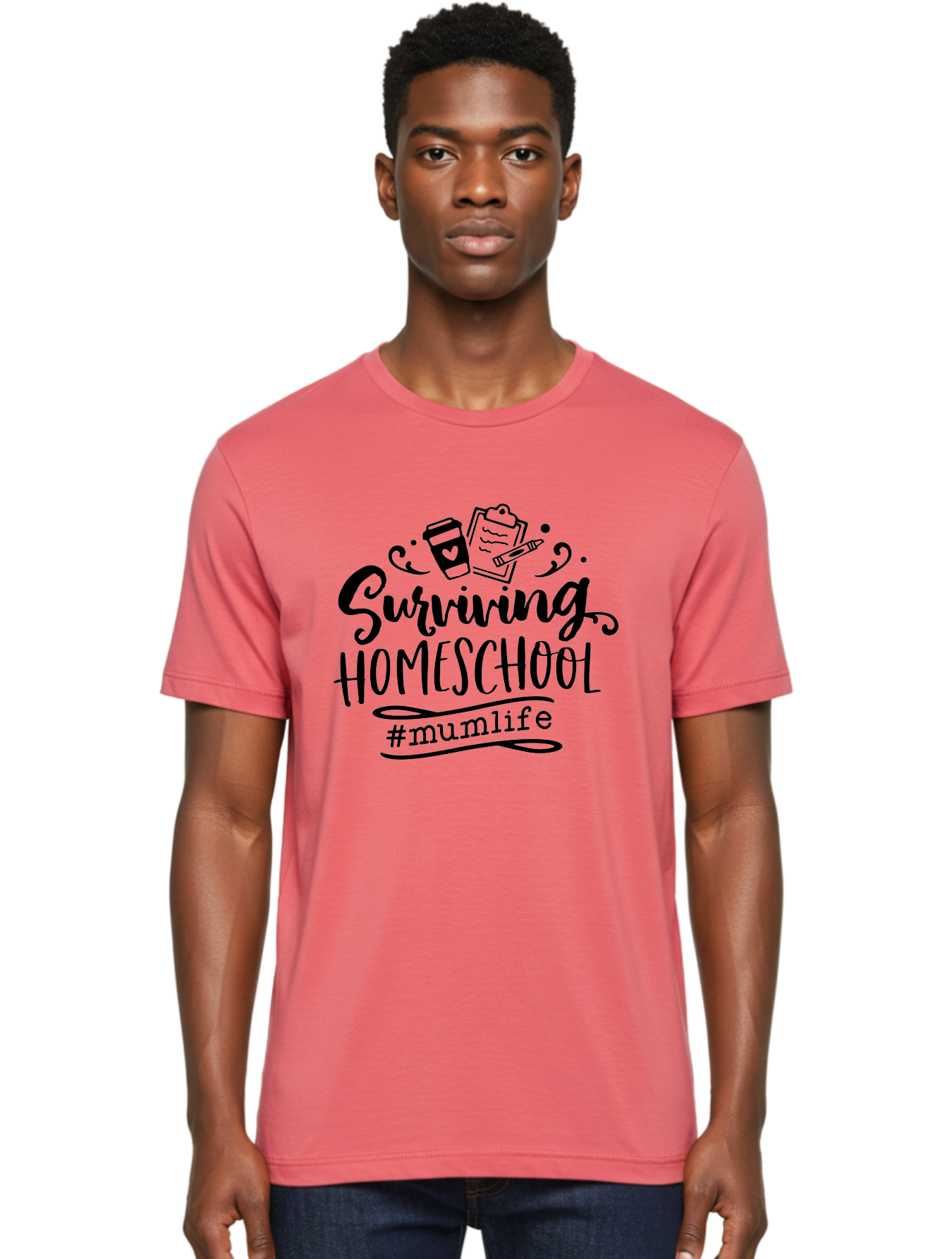 Surviving-Homeschool-2 Men'S Graphic Tee, 100% Cotton, Comfortable Casual Summer Wear, Machine Washable, Homeschooling, Parenting, Motherhood, Education, Coffee Cup, Clipboard, Mum Life, #Mumlife, Learning At Home, Homeschool Survival Aab433