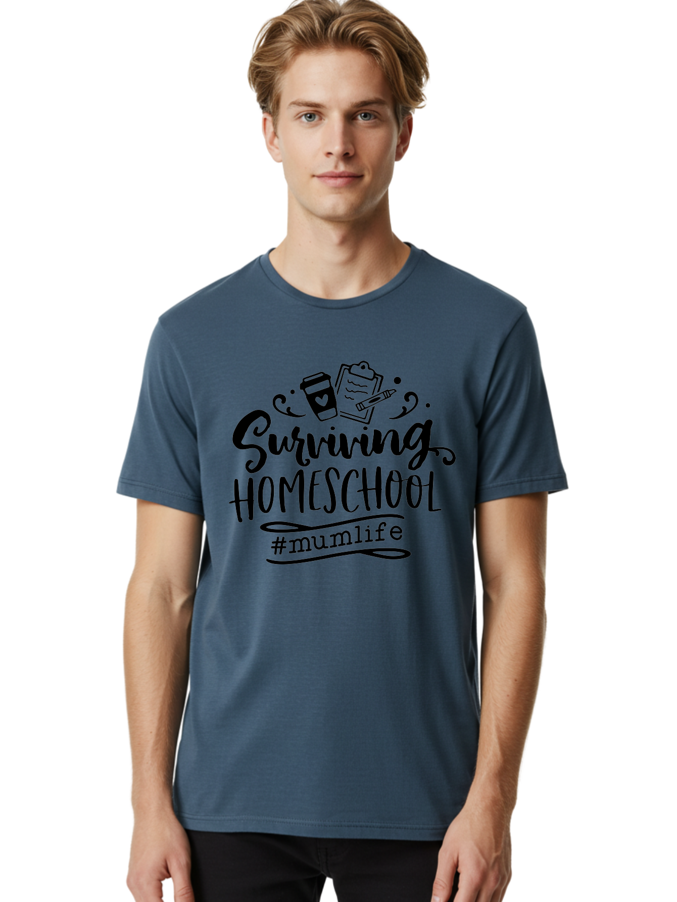 Surviving-Homeschool-2 Men'S Graphic Tee, 100% Cotton, Comfortable Casual Summer Wear, Machine Washable, Homeschooling, Parenting, Motherhood, Education, Coffee Cup, Clipboard, Mum Life, #Mumlife, Learning At Home, Homeschool Survival Aab433