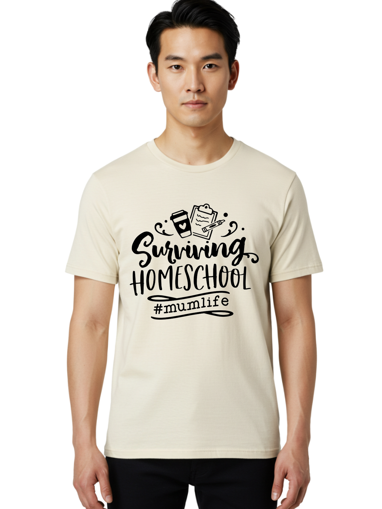 Surviving-Homeschool-2 Men'S Graphic Tee, 100% Cotton, Comfortable Casual Summer Wear, Machine Washable, Homeschooling, Parenting, Motherhood, Education, Coffee Cup, Clipboard, Mum Life, #Mumlife, Learning At Home, Homeschool Survival Aab433