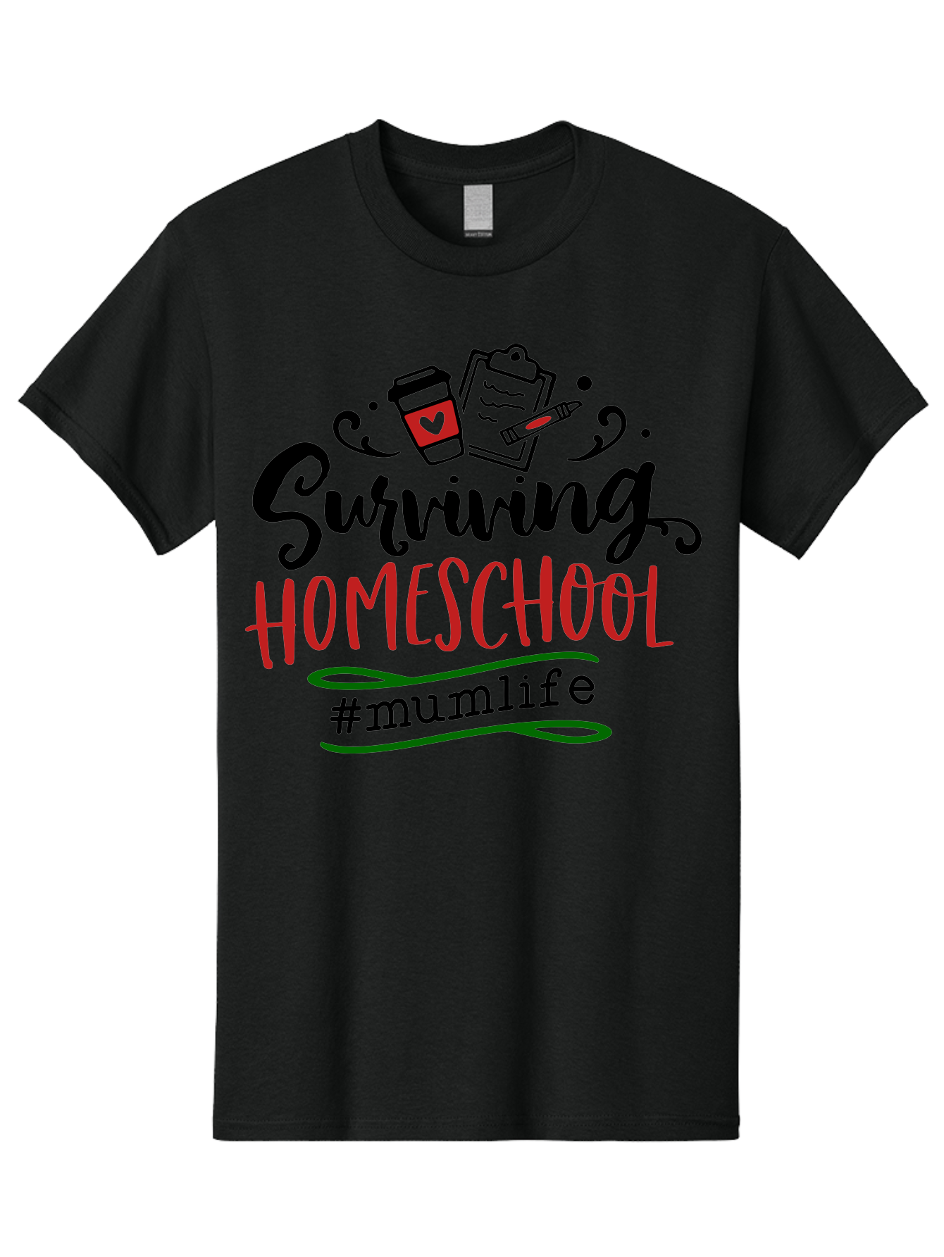 Surviving-Homeschool-5 Men'S Graphic Tee, 100% Cotton, Comfortable Casual Summer Wear, Machine Washable, Homeschooling, Mom Life, Coffee Cup, Clipboard, Pencil, #Mumlife, Parenting, Education, Homeschool Mom, Funny Quote Aab436
