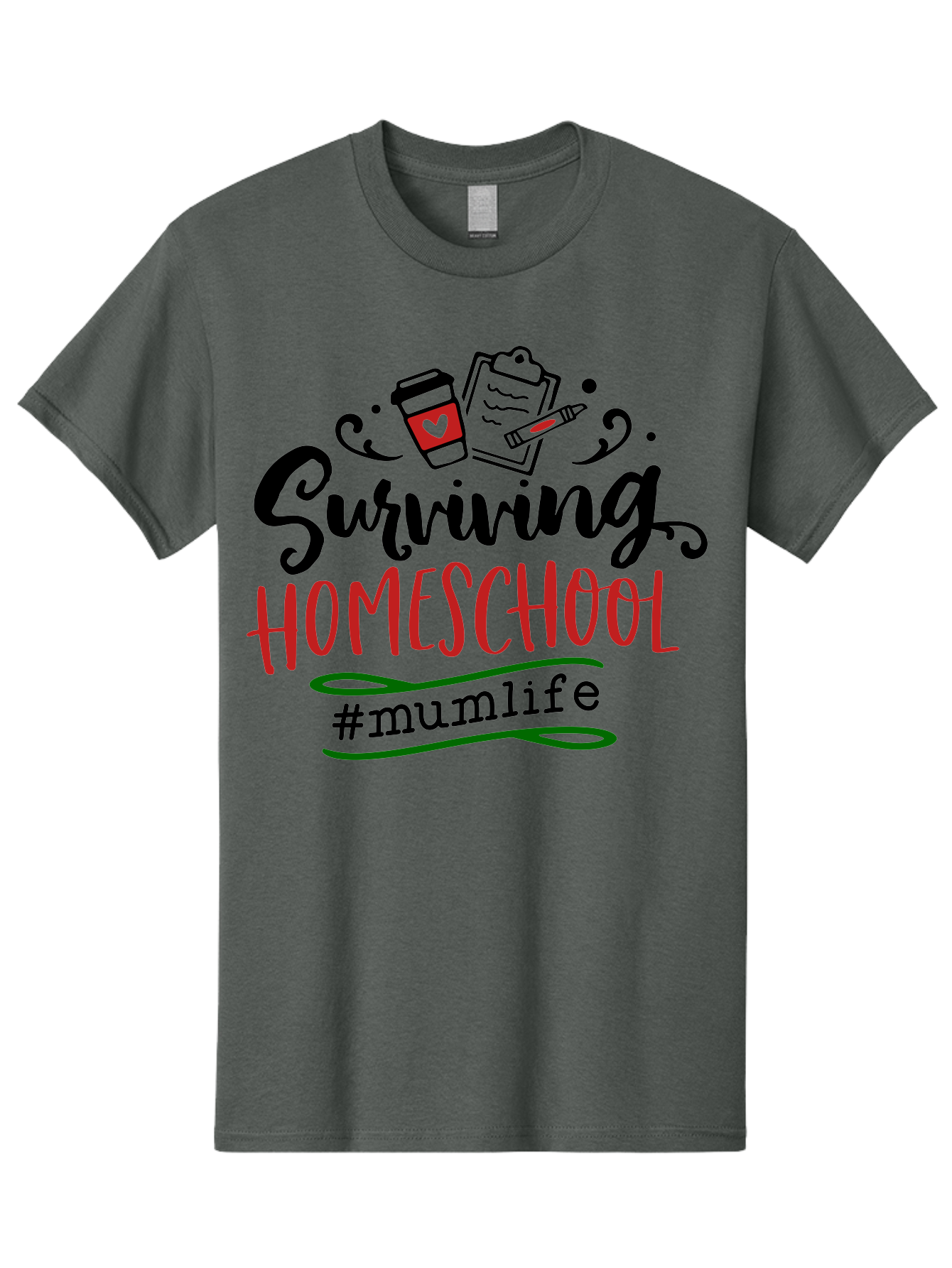 Surviving-Homeschool-5 Men'S Graphic Tee, 100% Cotton, Comfortable Casual Summer Wear, Machine Washable, Homeschooling, Mom Life, Coffee Cup, Clipboard, Pencil, #Mumlife, Parenting, Education, Homeschool Mom, Funny Quote Aab436