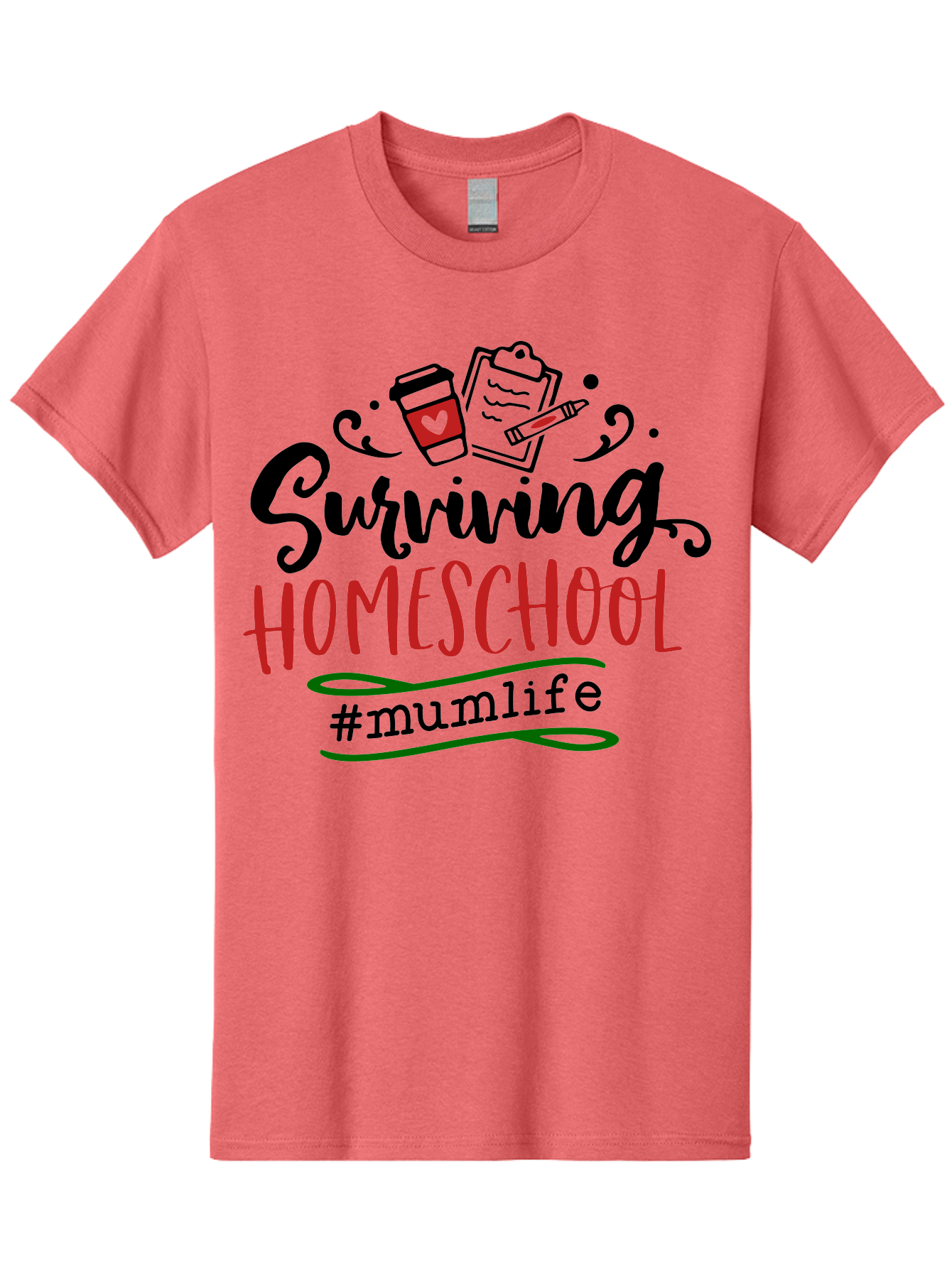 Surviving-Homeschool-5 Men'S Graphic Tee, 100% Cotton, Comfortable Casual Summer Wear, Machine Washable, Homeschooling, Mom Life, Coffee Cup, Clipboard, Pencil, #Mumlife, Parenting, Education, Homeschool Mom, Funny Quote Aab436