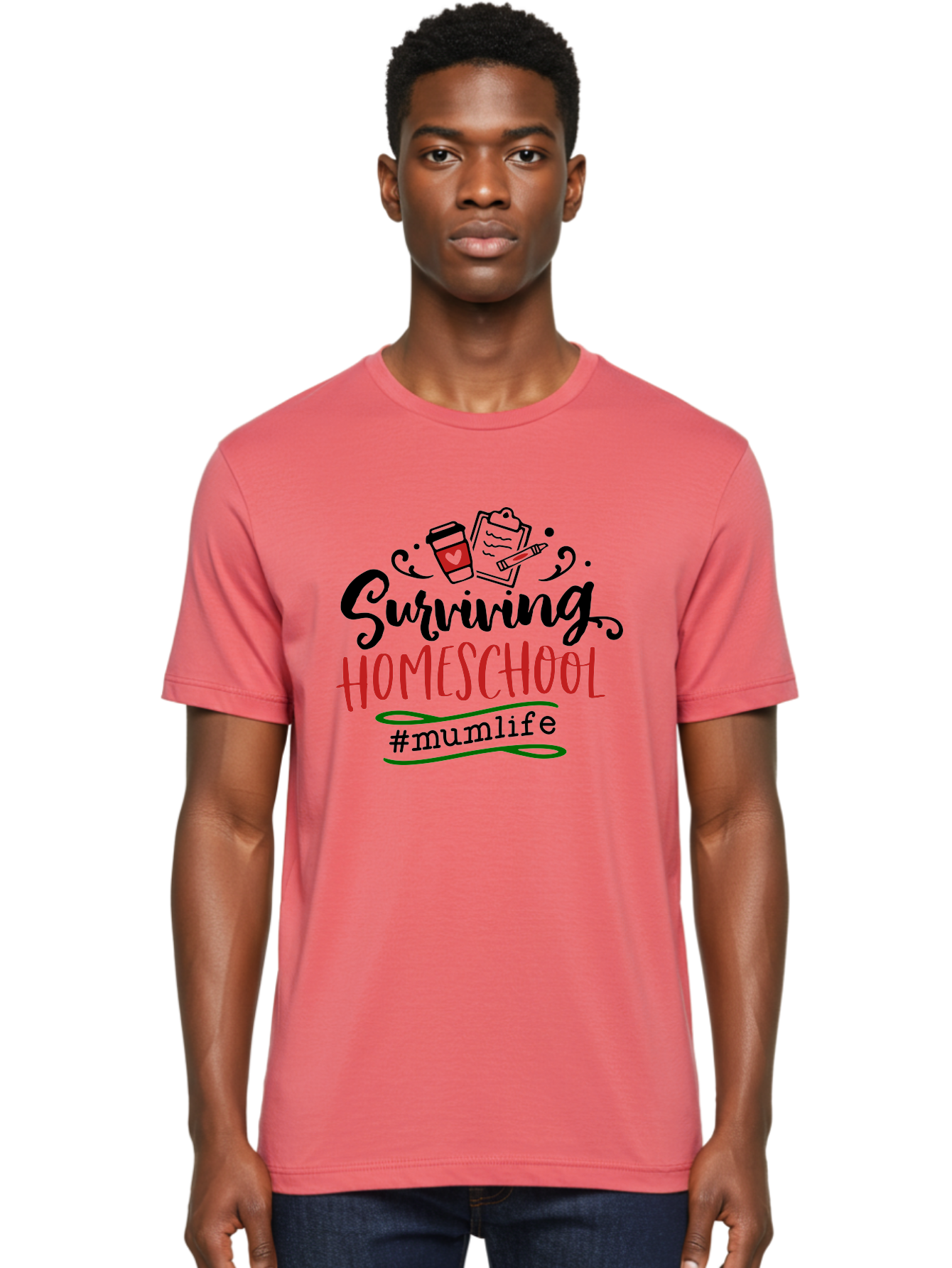Surviving-Homeschool-5 Men'S Graphic Tee, 100% Cotton, Comfortable Casual Summer Wear, Machine Washable, Homeschooling, Mom Life, Coffee Cup, Clipboard, Pencil, #Mumlife, Parenting, Education, Homeschool Mom, Funny Quote Aab436