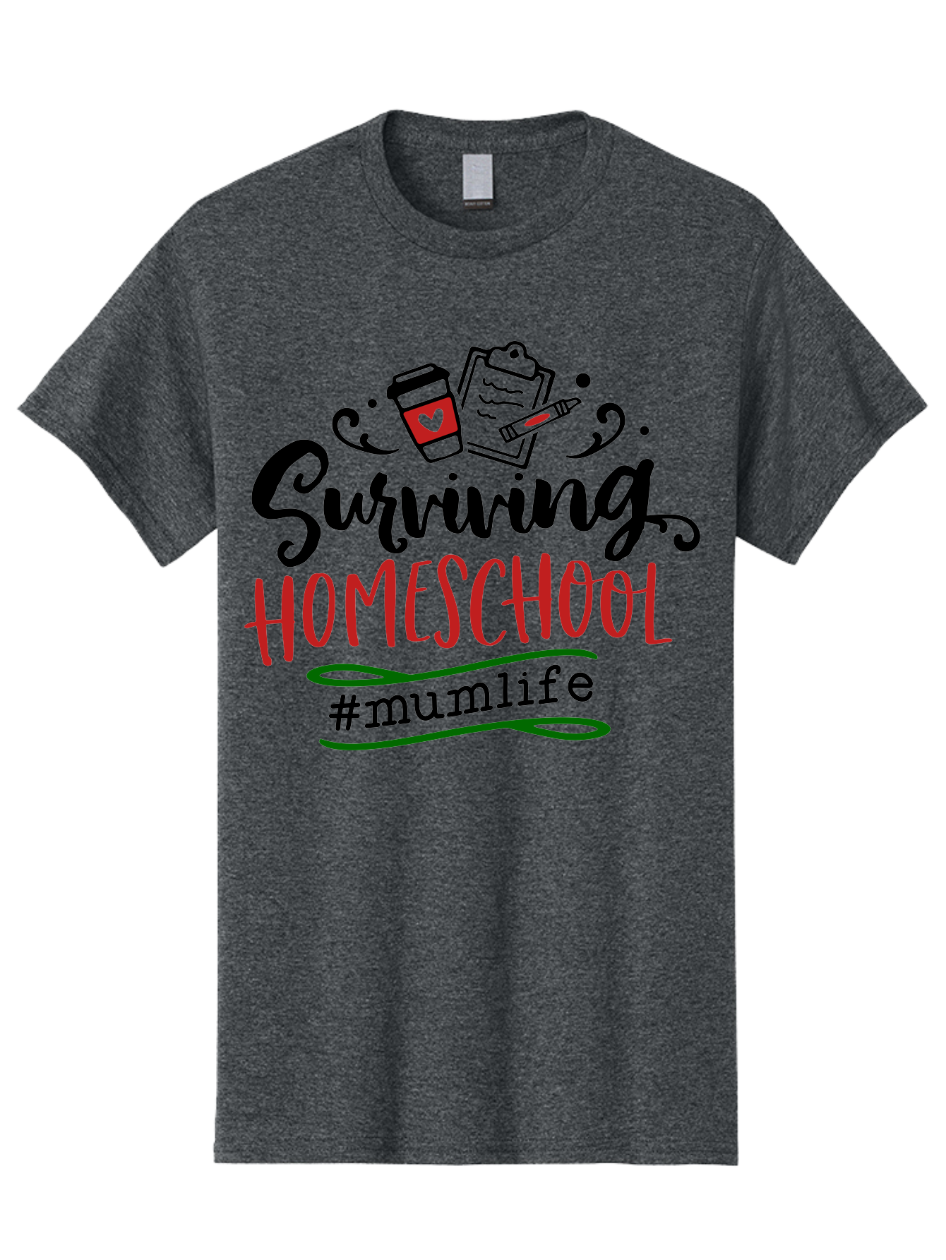 Surviving-Homeschool-5 Men'S Graphic Tee, 100% Cotton, Comfortable Casual Summer Wear, Machine Washable, Homeschooling, Mom Life, Coffee Cup, Clipboard, Pencil, #Mumlife, Parenting, Education, Homeschool Mom, Funny Quote Aab436