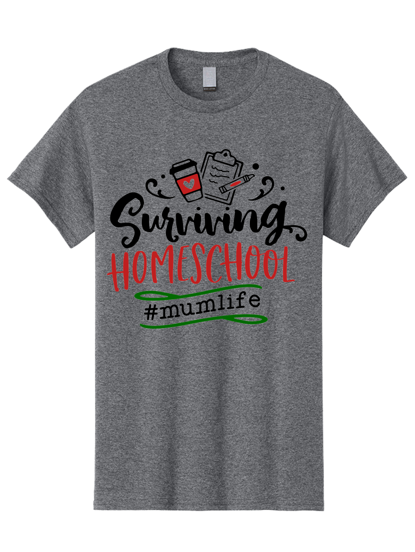 Surviving-Homeschool-5 Men'S Graphic Tee, 100% Cotton, Comfortable Casual Summer Wear, Machine Washable, Homeschooling, Mom Life, Coffee Cup, Clipboard, Pencil, #Mumlife, Parenting, Education, Homeschool Mom, Funny Quote Aab436