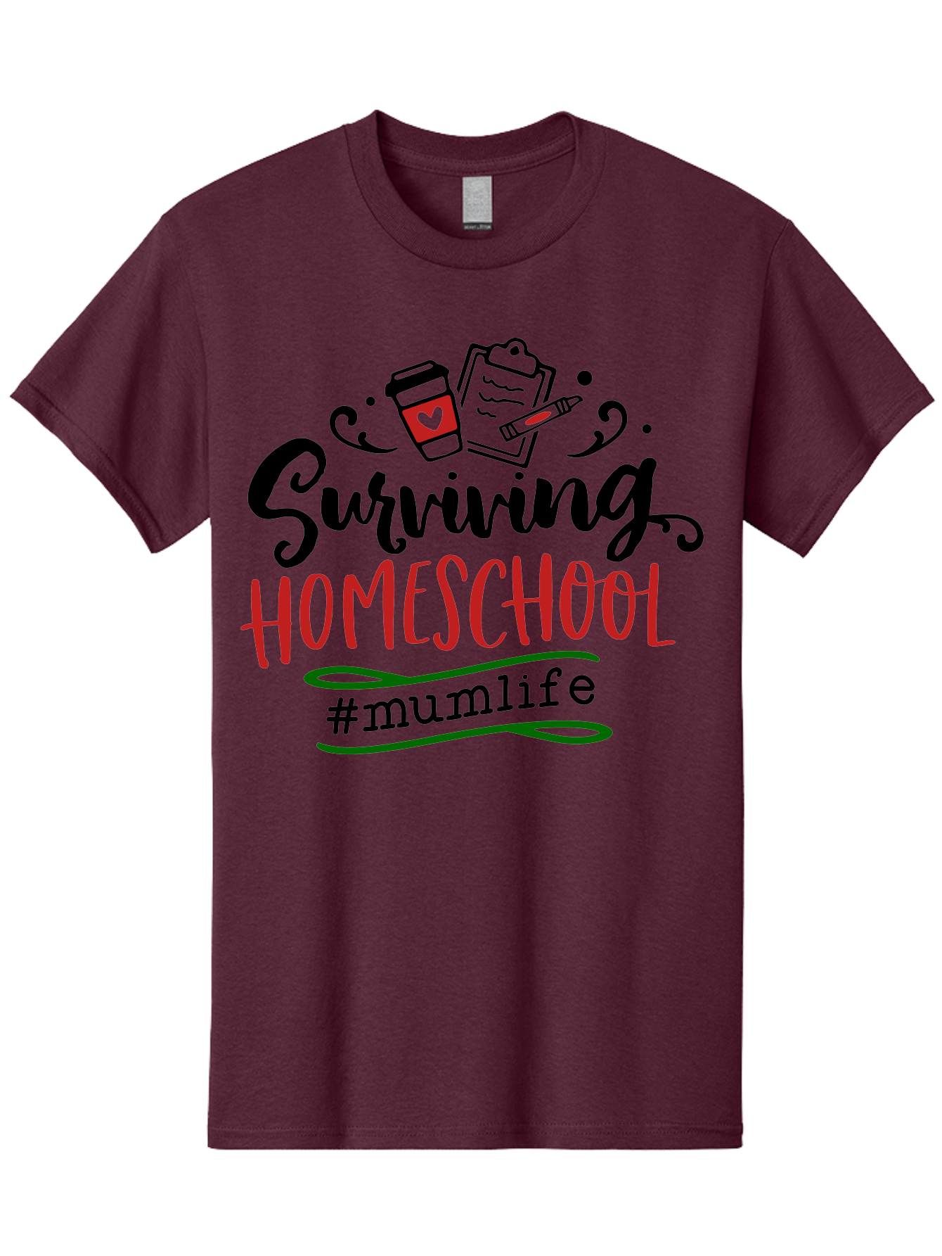 Surviving-Homeschool-5 Men'S Graphic Tee, 100% Cotton, Comfortable Casual Summer Wear, Machine Washable, Homeschooling, Mom Life, Coffee Cup, Clipboard, Pencil, #Mumlife, Parenting, Education, Homeschool Mom, Funny Quote Aab436
