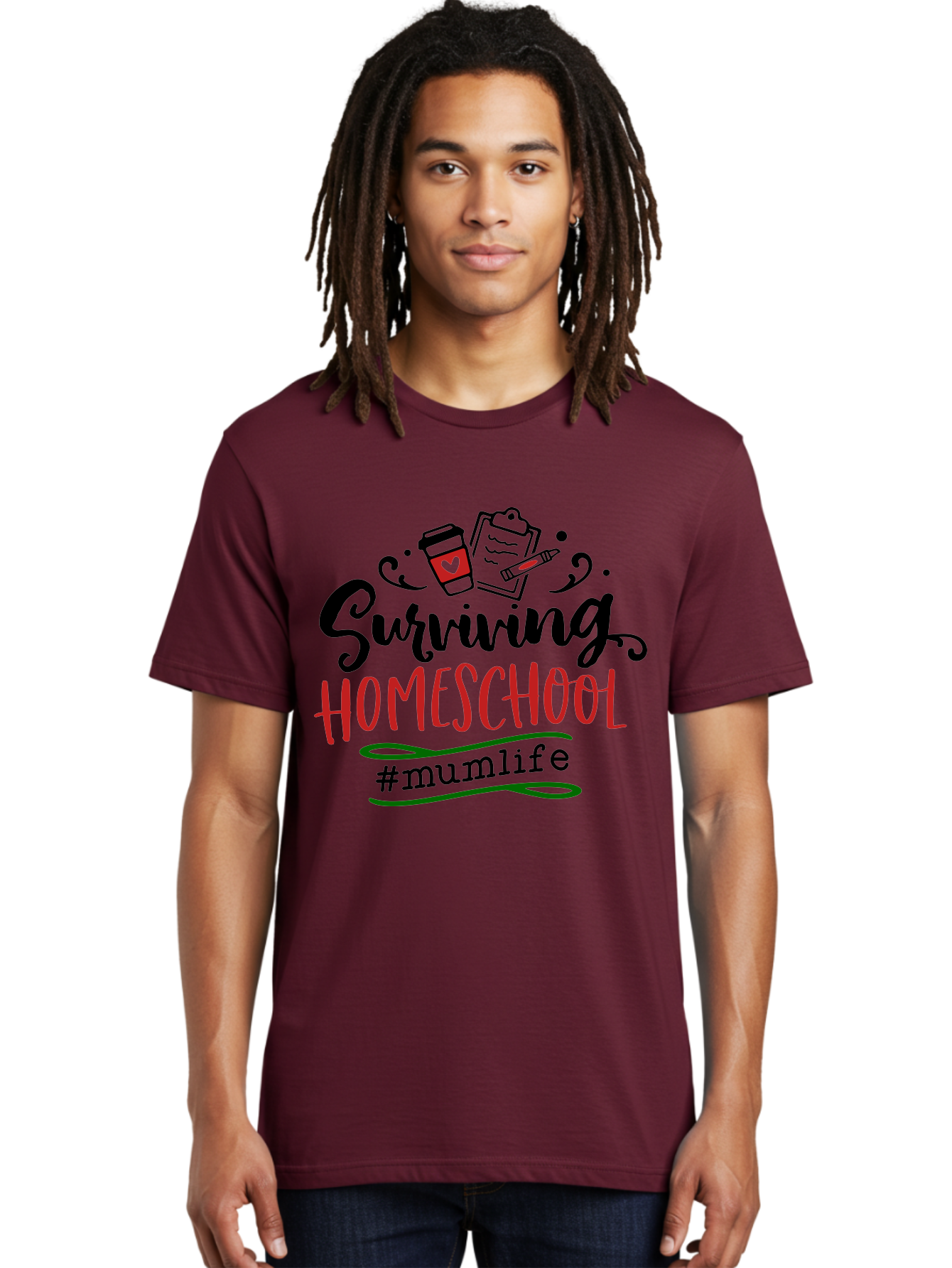 Surviving-Homeschool-5 Men'S Graphic Tee, 100% Cotton, Comfortable Casual Summer Wear, Machine Washable, Homeschooling, Mom Life, Coffee Cup, Clipboard, Pencil, #Mumlife, Parenting, Education, Homeschool Mom, Funny Quote Aab436