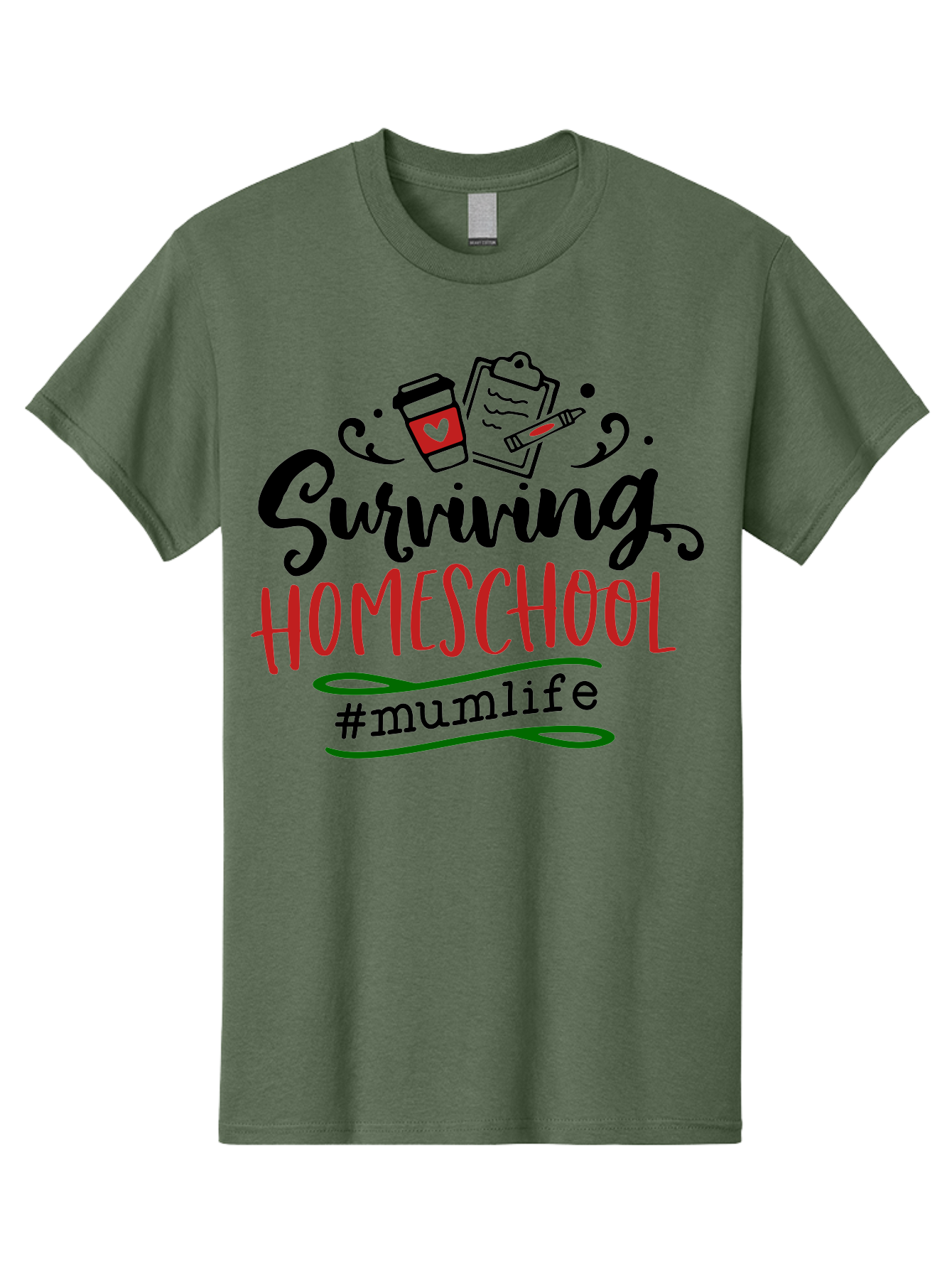 Surviving-Homeschool-5 Men'S Graphic Tee, 100% Cotton, Comfortable Casual Summer Wear, Machine Washable, Homeschooling, Mom Life, Coffee Cup, Clipboard, Pencil, #Mumlife, Parenting, Education, Homeschool Mom, Funny Quote Aab436