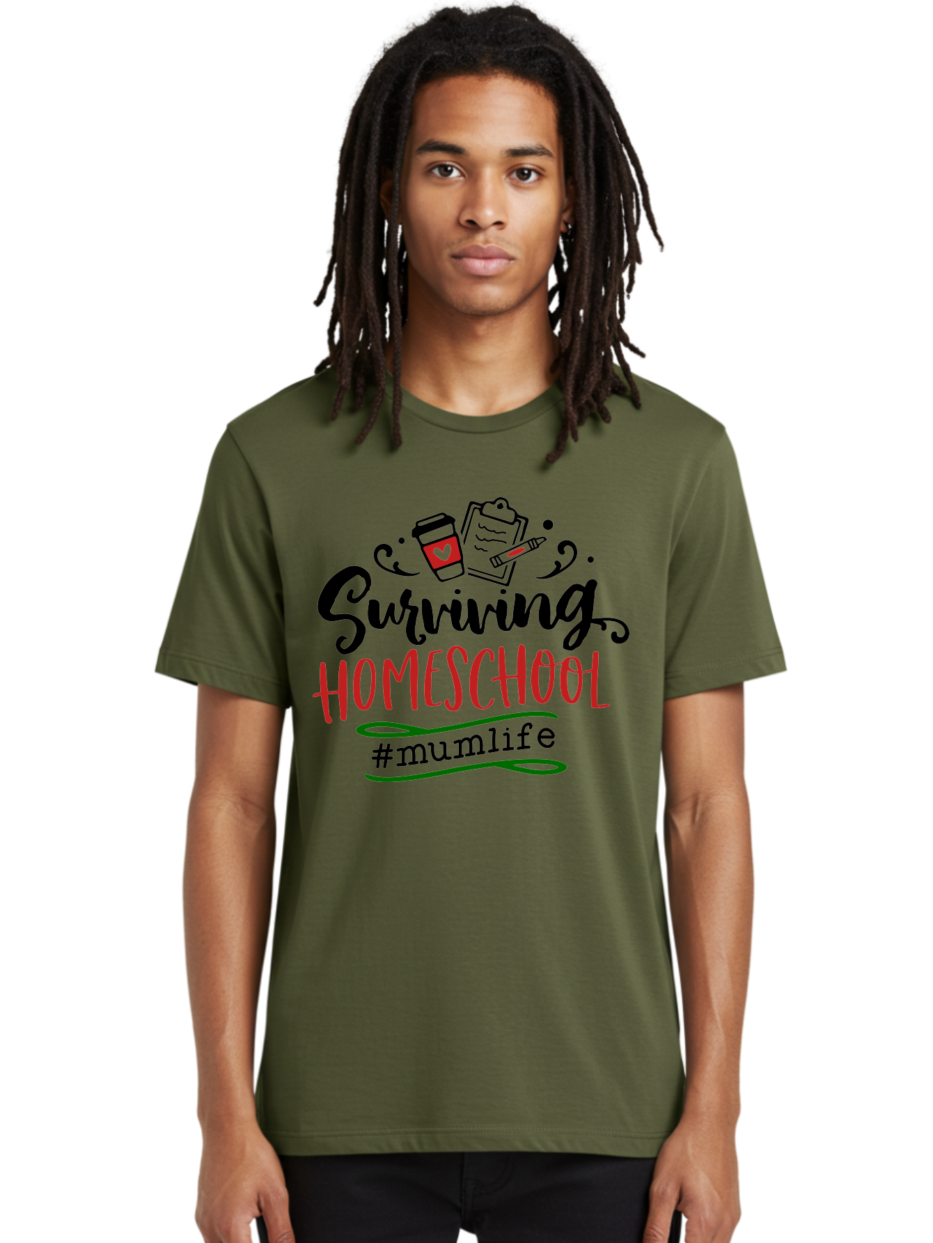 Surviving-Homeschool-5 Men'S Graphic Tee, 100% Cotton, Comfortable Casual Summer Wear, Machine Washable, Homeschooling, Mom Life, Coffee Cup, Clipboard, Pencil, #Mumlife, Parenting, Education, Homeschool Mom, Funny Quote Aab436