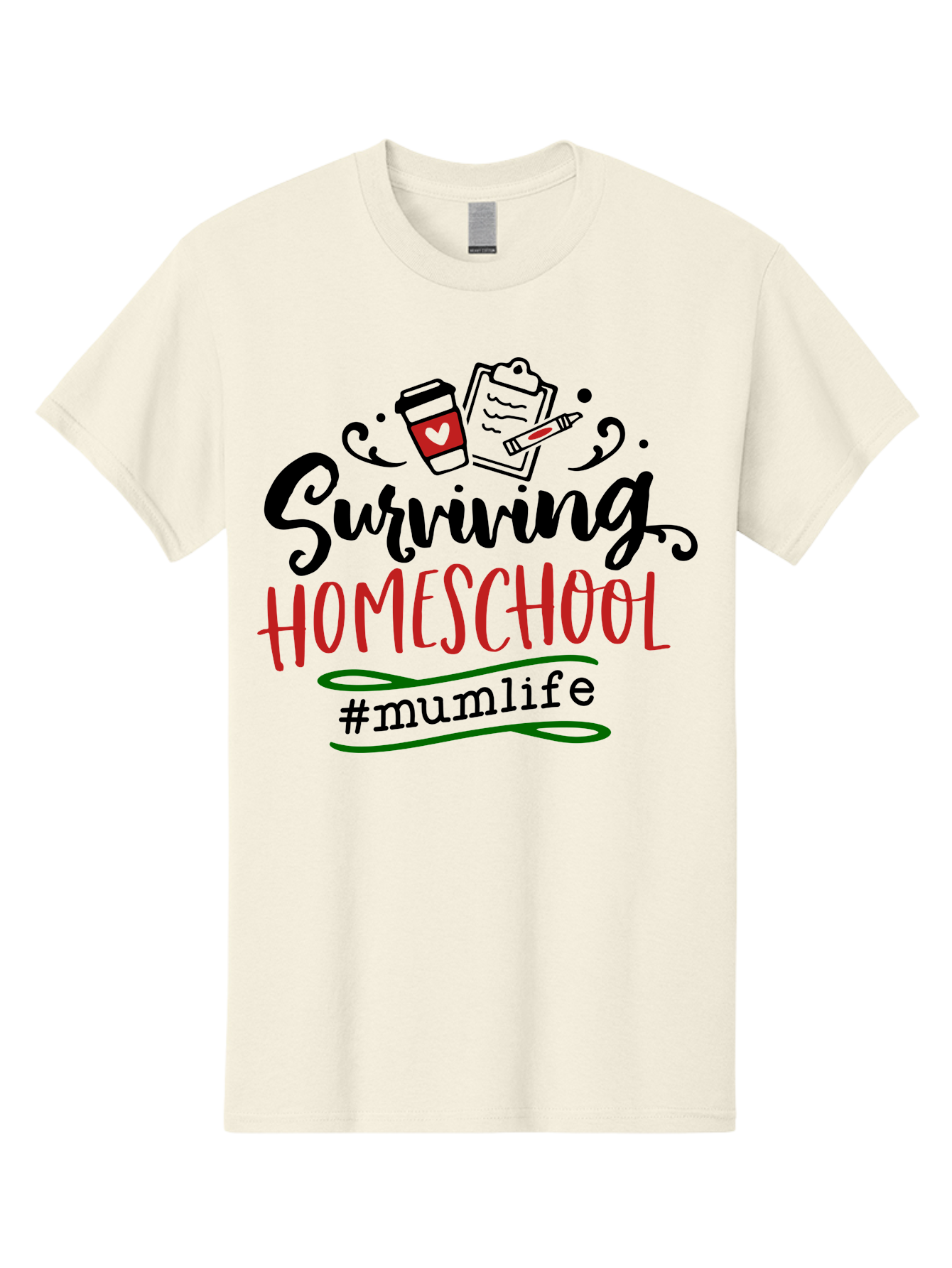 Surviving-Homeschool-5 Men'S Graphic Tee, 100% Cotton, Comfortable Casual Summer Wear, Machine Washable, Homeschooling, Mom Life, Coffee Cup, Clipboard, Pencil, #Mumlife, Parenting, Education, Homeschool Mom, Funny Quote Aab436