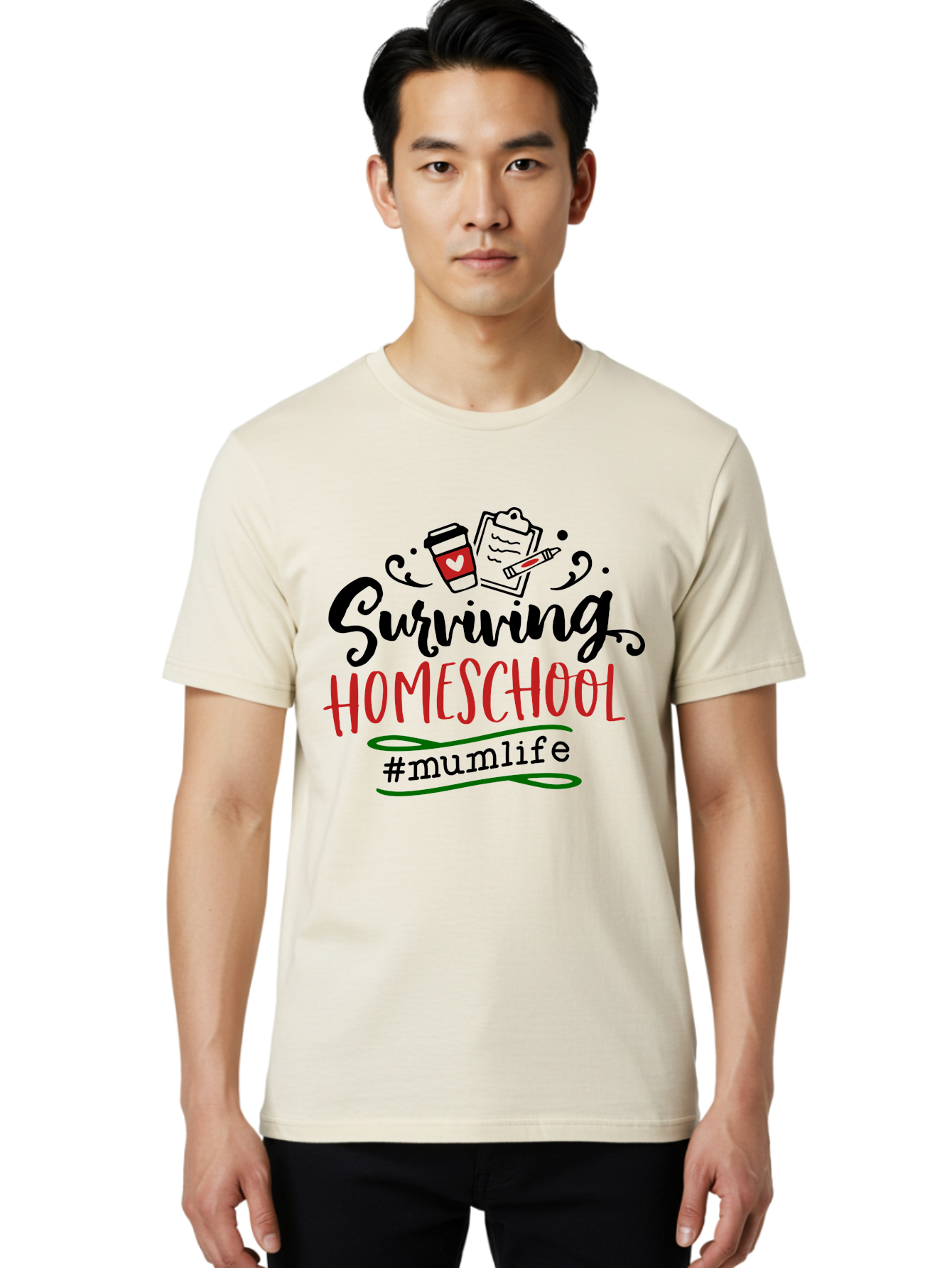 Surviving-Homeschool-5 Men'S Graphic Tee, 100% Cotton, Comfortable Casual Summer Wear, Machine Washable, Homeschooling, Mom Life, Coffee Cup, Clipboard, Pencil, #Mumlife, Parenting, Education, Homeschool Mom, Funny Quote Aab436