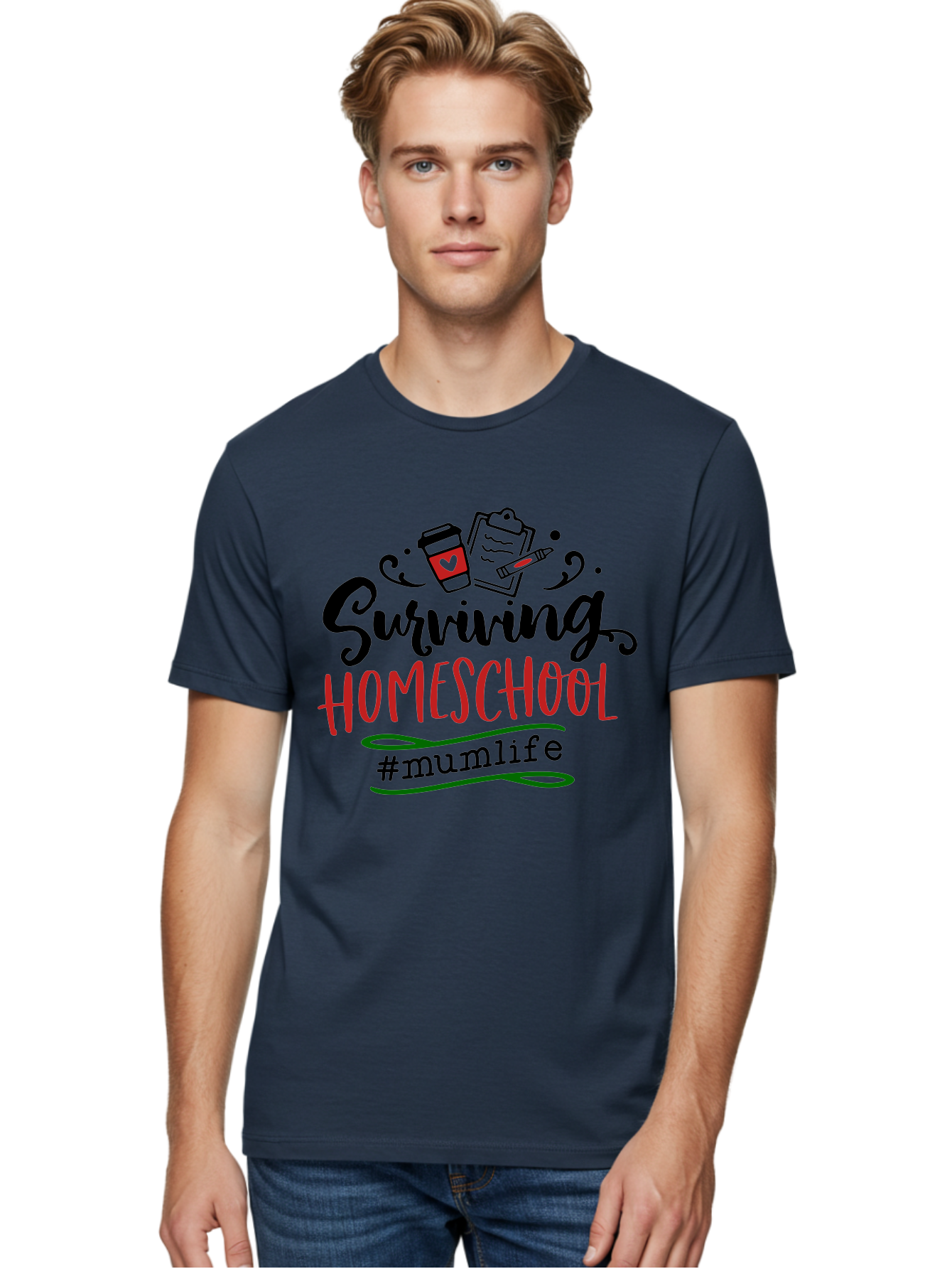 Surviving-Homeschool-5 Men'S Graphic Tee, 100% Cotton, Comfortable Casual Summer Wear, Machine Washable, Homeschooling, Mom Life, Coffee Cup, Clipboard, Pencil, #Mumlife, Parenting, Education, Homeschool Mom, Funny Quote Aab436