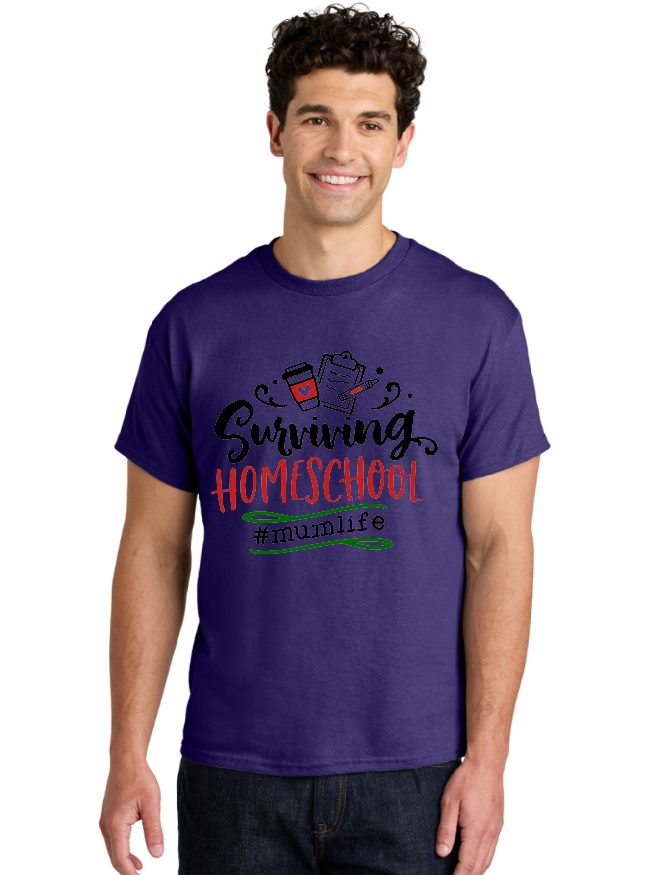 Surviving-Homeschool-5 Men'S Graphic Tee, 100% Cotton, Comfortable Casual Summer Wear, Machine Washable, Homeschooling, Mom Life, Coffee Cup, Clipboard, Pencil, #Mumlife, Parenting, Education, Homeschool Mom, Funny Quote Aab436
