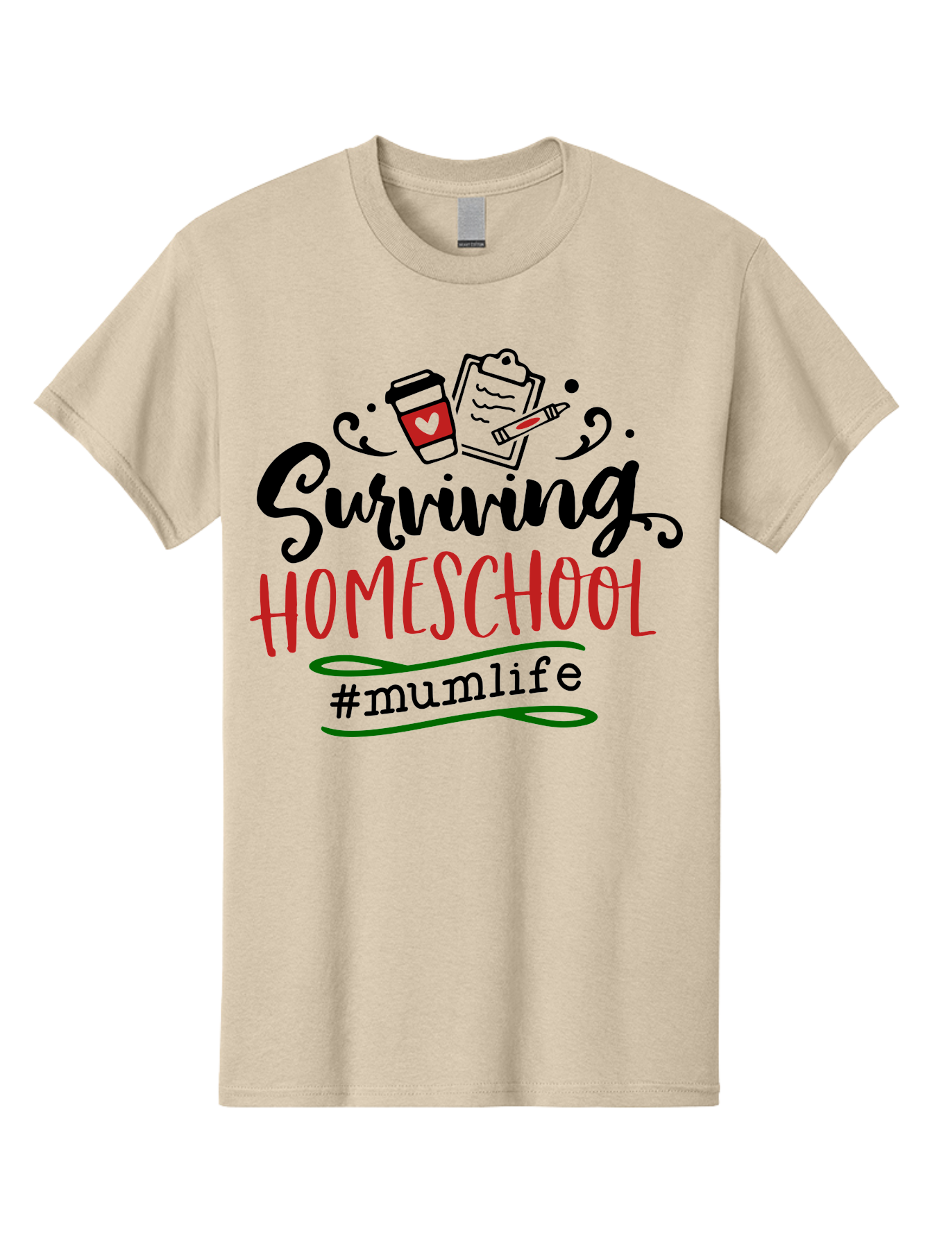 Surviving-Homeschool-5 Men'S Graphic Tee, 100% Cotton, Comfortable Casual Summer Wear, Machine Washable, Homeschooling, Mom Life, Coffee Cup, Clipboard, Pencil, #Mumlife, Parenting, Education, Homeschool Mom, Funny Quote Aab436