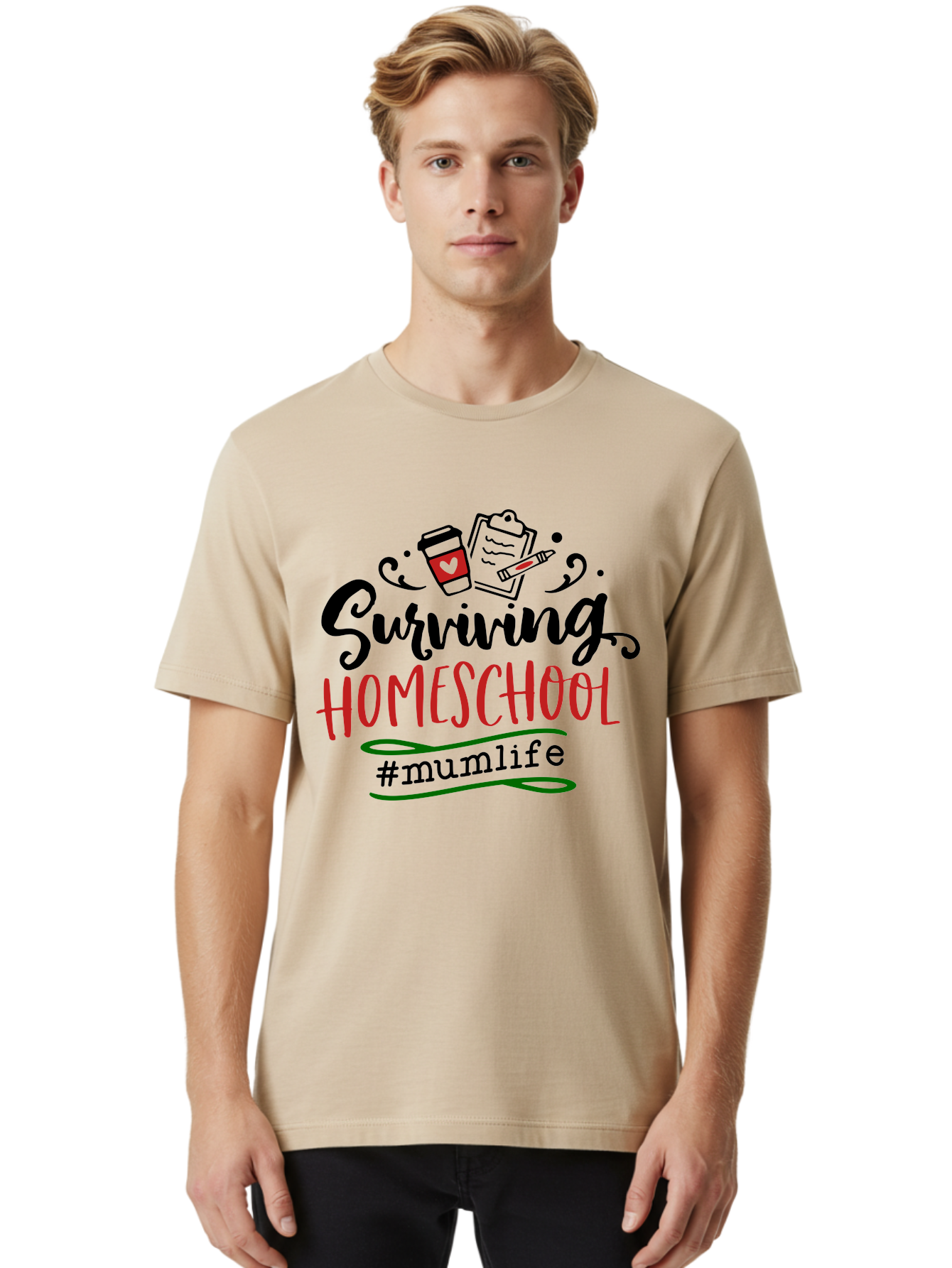 Surviving-Homeschool-5 Men'S Graphic Tee, 100% Cotton, Comfortable Casual Summer Wear, Machine Washable, Homeschooling, Mom Life, Coffee Cup, Clipboard, Pencil, #Mumlife, Parenting, Education, Homeschool Mom, Funny Quote Aab436