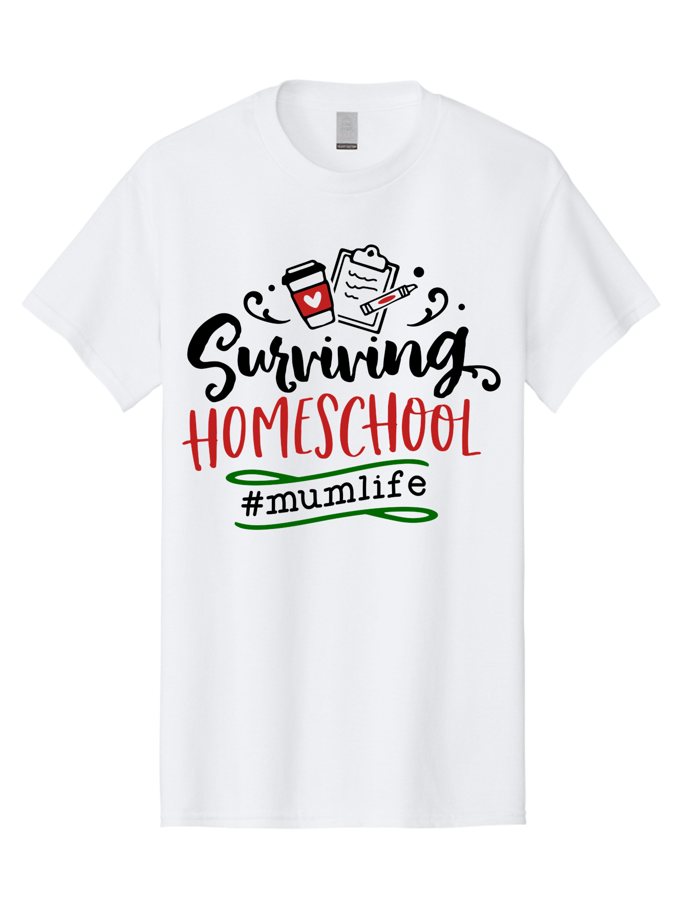 Surviving-Homeschool-5 Men'S Graphic Tee, 100% Cotton, Comfortable Casual Summer Wear, Machine Washable, Homeschooling, Mom Life, Coffee Cup, Clipboard, Pencil, #Mumlife, Parenting, Education, Homeschool Mom, Funny Quote Aab436