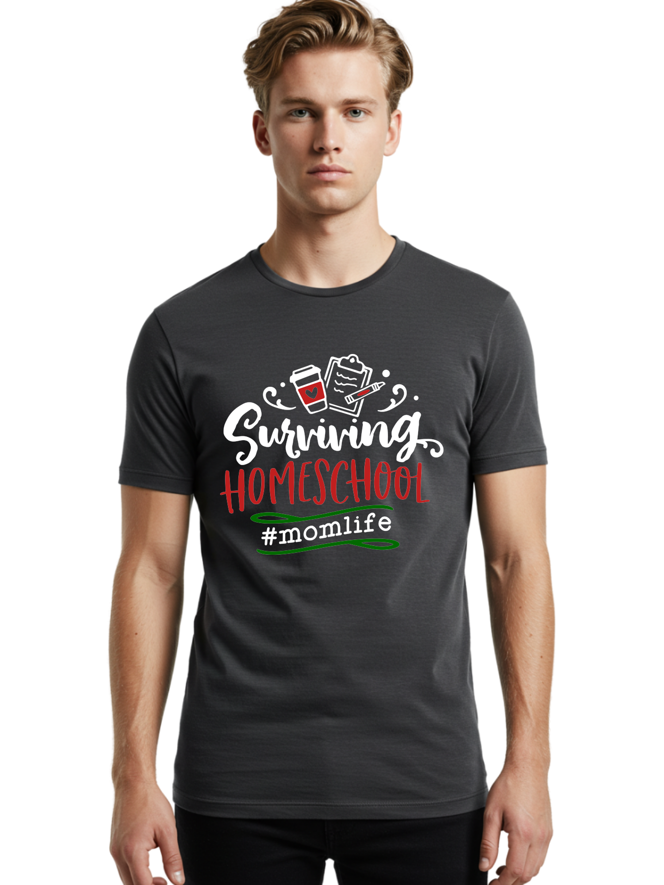 Surviving-Homeschool-6 Men'S Graphic Tee, 100% Cotton, Comfortable Casual Summer Wear, Machine Washable, Homeschooling, Mom Life, Parenting, Education, Teaching, Coffee Culture, Self-Care, Family Bonding, Alternative Education Aab437