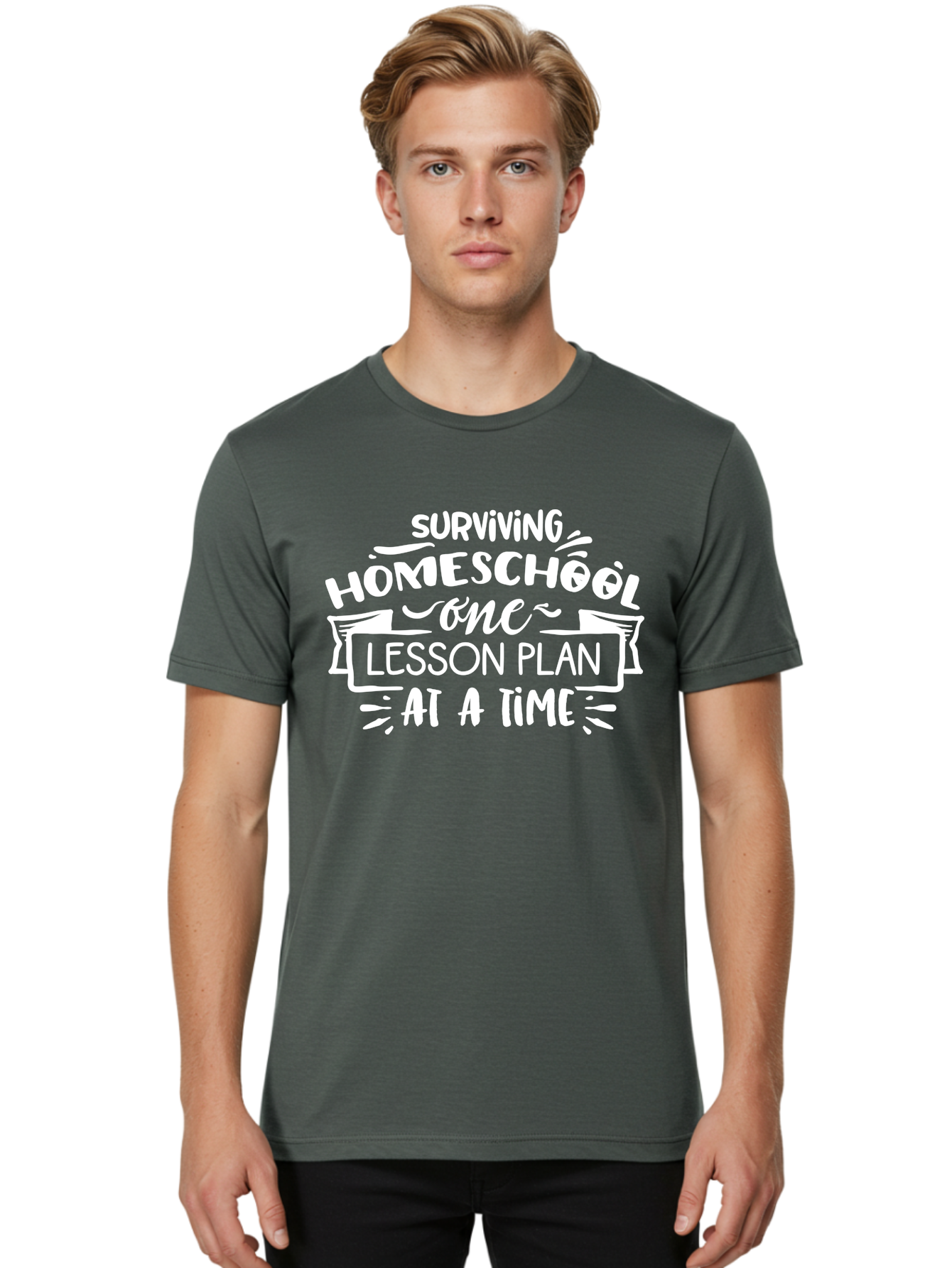 Surviving-Homeschool-7 Men'S Graphic Tee, 100% Cotton, Comfortable Casual Summer Wear, Machine Washable, Homeschool Survival, Homeschooling, Lesson Planning, Education, Teaching, Parenting, Humorous Quote, Inspirational Quote, Teaching Tip Aab438