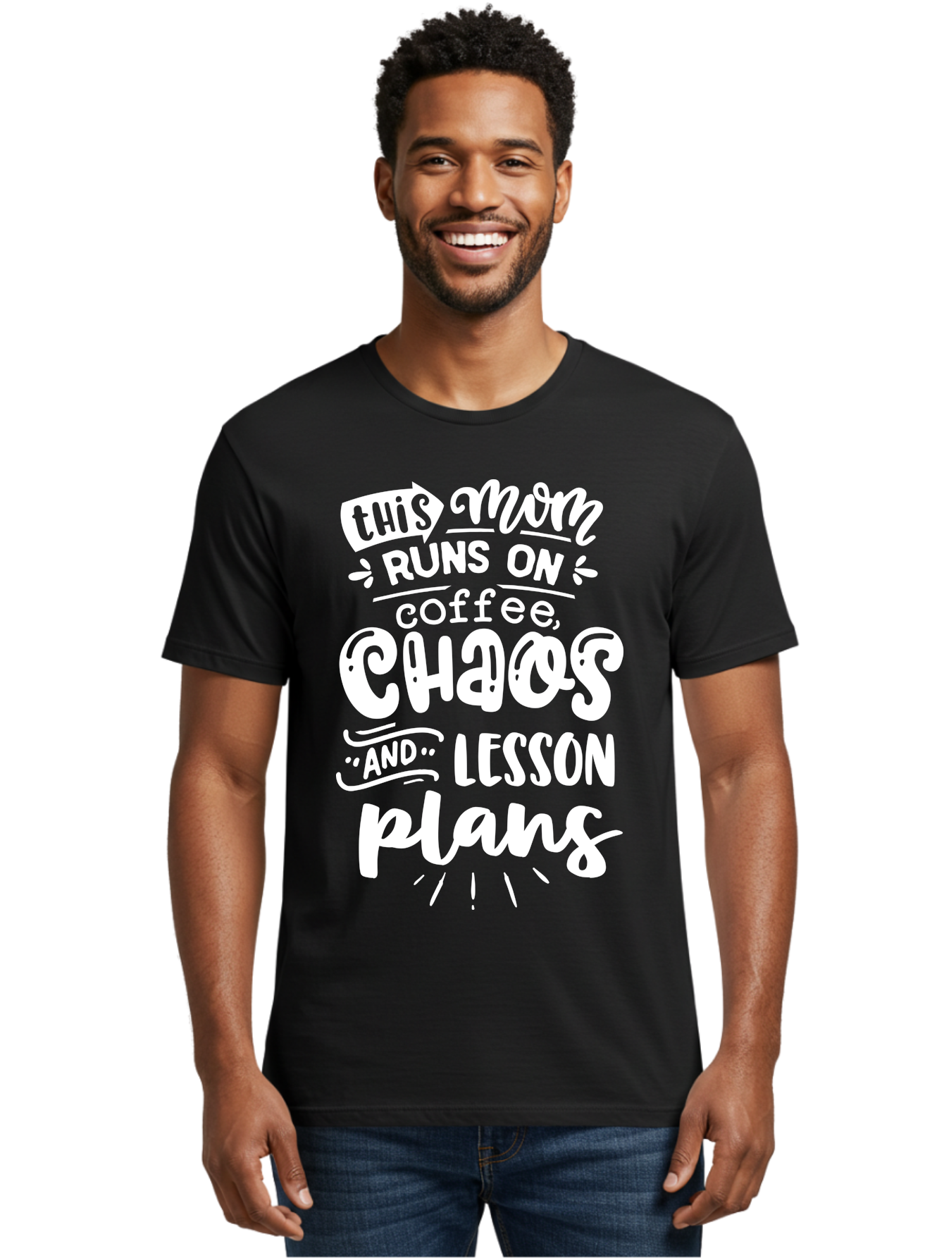 This-Mom-Runs-On-Coffee-Chaos-And-Lesson-Plans Men'S Graphic Tee, 100% Cotton, Comfortable Casual Summer Wear, Machine Washable, Funny Mom Quote, Mom Life, Coffee Humor, Teacher Mom, Chaotic Parenting, Lesson Plans, Mom Humor, Humorous Quote, Aab450