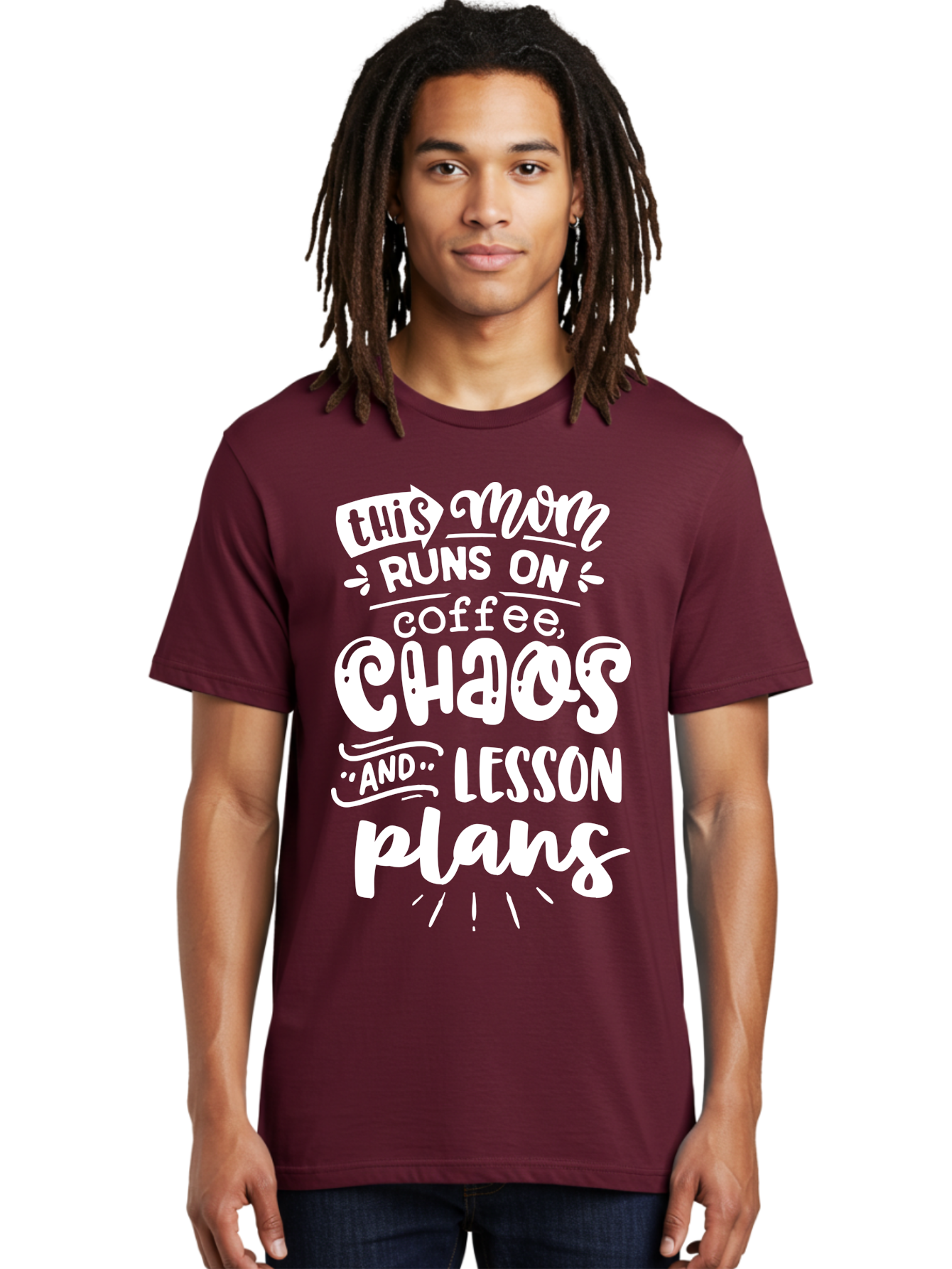 This-Mom-Runs-On-Coffee-Chaos-And-Lesson-Plans Men'S Graphic Tee, 100% Cotton, Comfortable Casual Summer Wear, Machine Washable, Funny Mom Quote, Mom Life, Coffee Humor, Teacher Mom, Chaotic Parenting, Lesson Plans, Mom Humor, Humorous Quote, Aab450