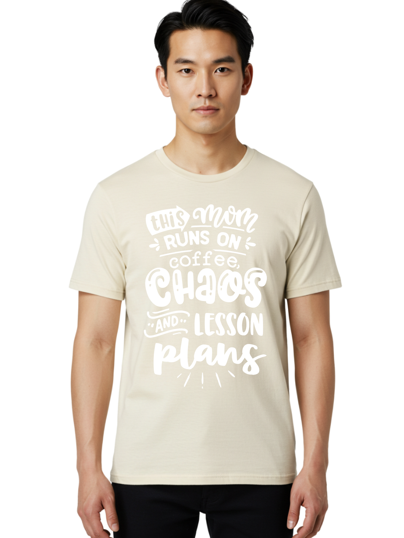 This-Mom-Runs-On-Coffee-Chaos-And-Lesson-Plans Men'S Graphic Tee, 100% Cotton, Comfortable Casual Summer Wear, Machine Washable, Funny Mom Quote, Mom Life, Coffee Humor, Teacher Mom, Chaotic Parenting, Lesson Plans, Mom Humor, Humorous Quote, Aab450