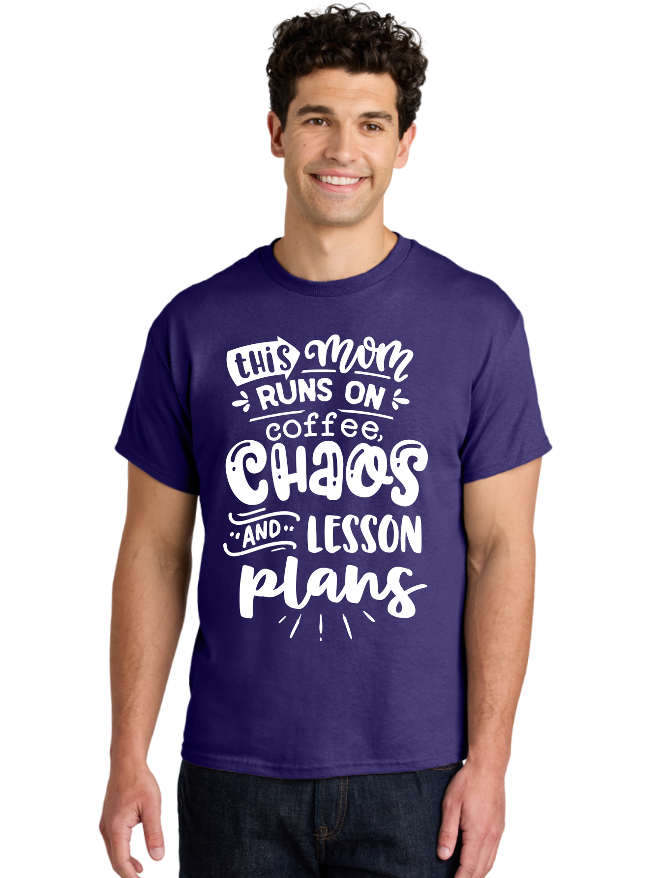 This-Mom-Runs-On-Coffee-Chaos-And-Lesson-Plans Men'S Graphic Tee, 100% Cotton, Comfortable Casual Summer Wear, Machine Washable, Funny Mom Quote, Mom Life, Coffee Humor, Teacher Mom, Chaotic Parenting, Lesson Plans, Mom Humor, Humorous Quote, Aab450