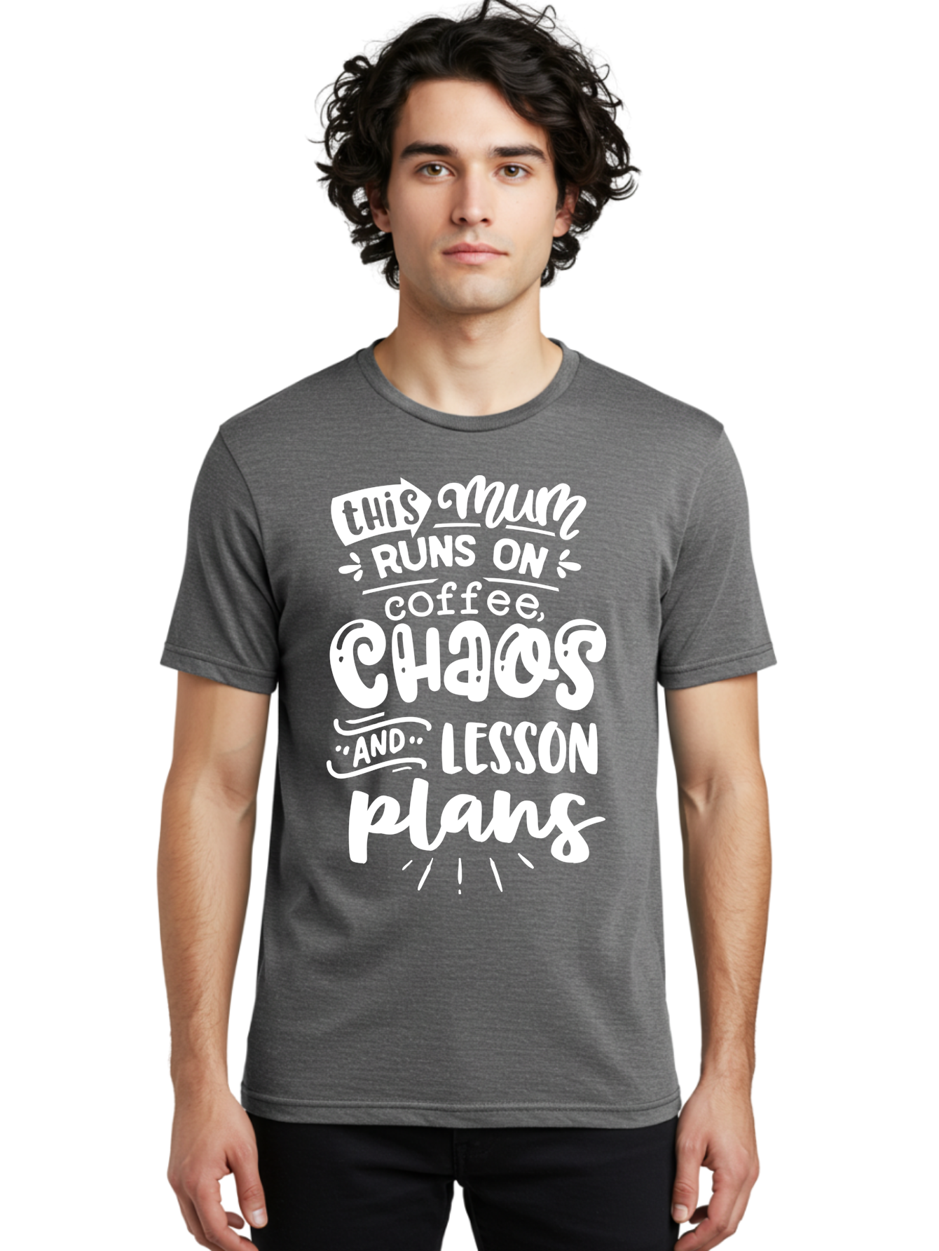 This-Mum-Runs-On-Coffee-Chaos-And-Lesson-Plans Men'S Graphic Tee, 100% Cotton, Comfortable Casual Summer Wear, Machine Washable, Funny Mom Quote, Teacher Humor, Coffee Lover, Chaotic Life, Lesson Plans, Mom Life, Teacher Life, Humorous Quote, Aab451