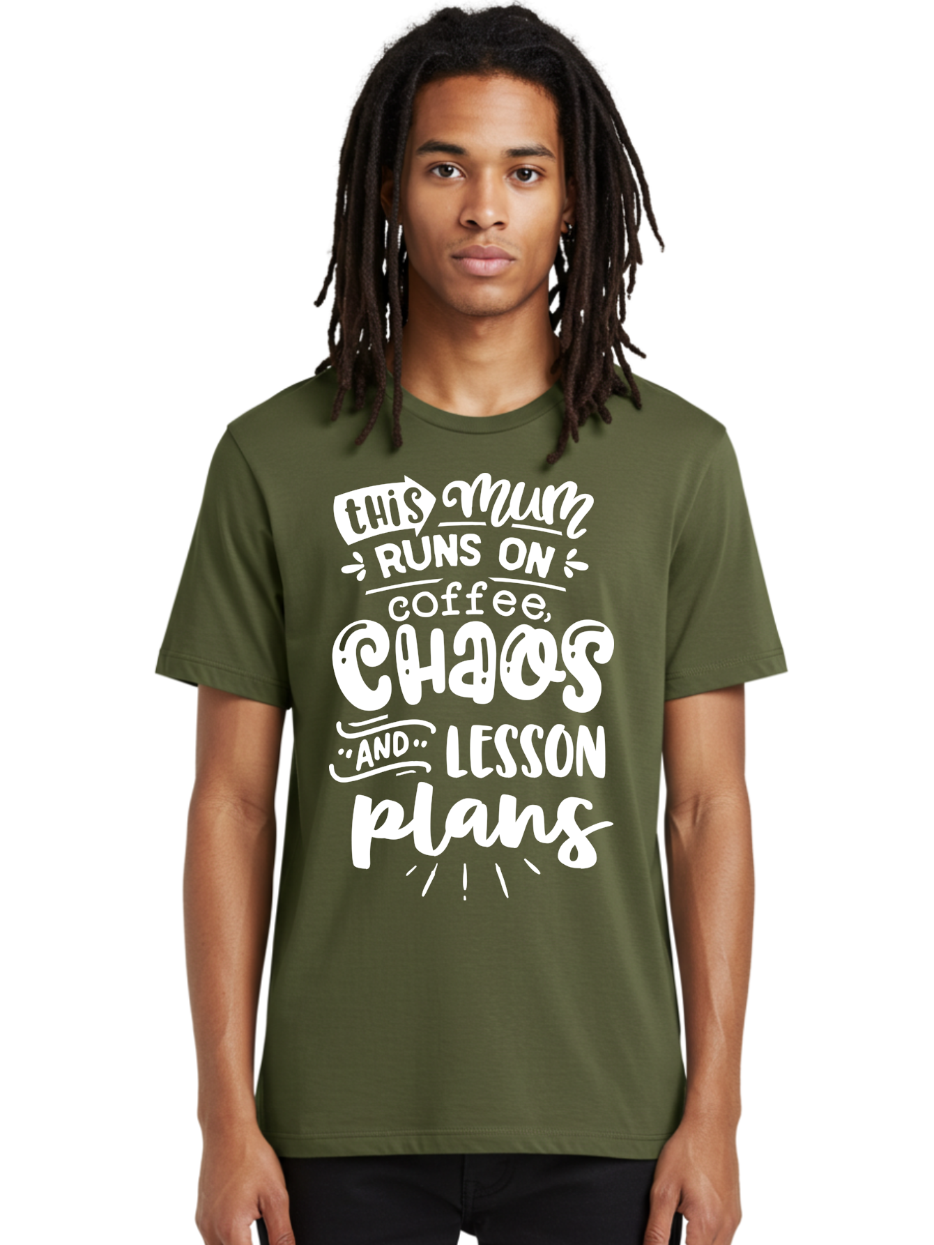 This-Mum-Runs-On-Coffee-Chaos-And-Lesson-Plans Men'S Graphic Tee, 100% Cotton, Comfortable Casual Summer Wear, Machine Washable, Funny Mom Quote, Teacher Humor, Coffee Lover, Chaotic Life, Lesson Plans, Mom Life, Teacher Life, Humorous Quote, Aab451