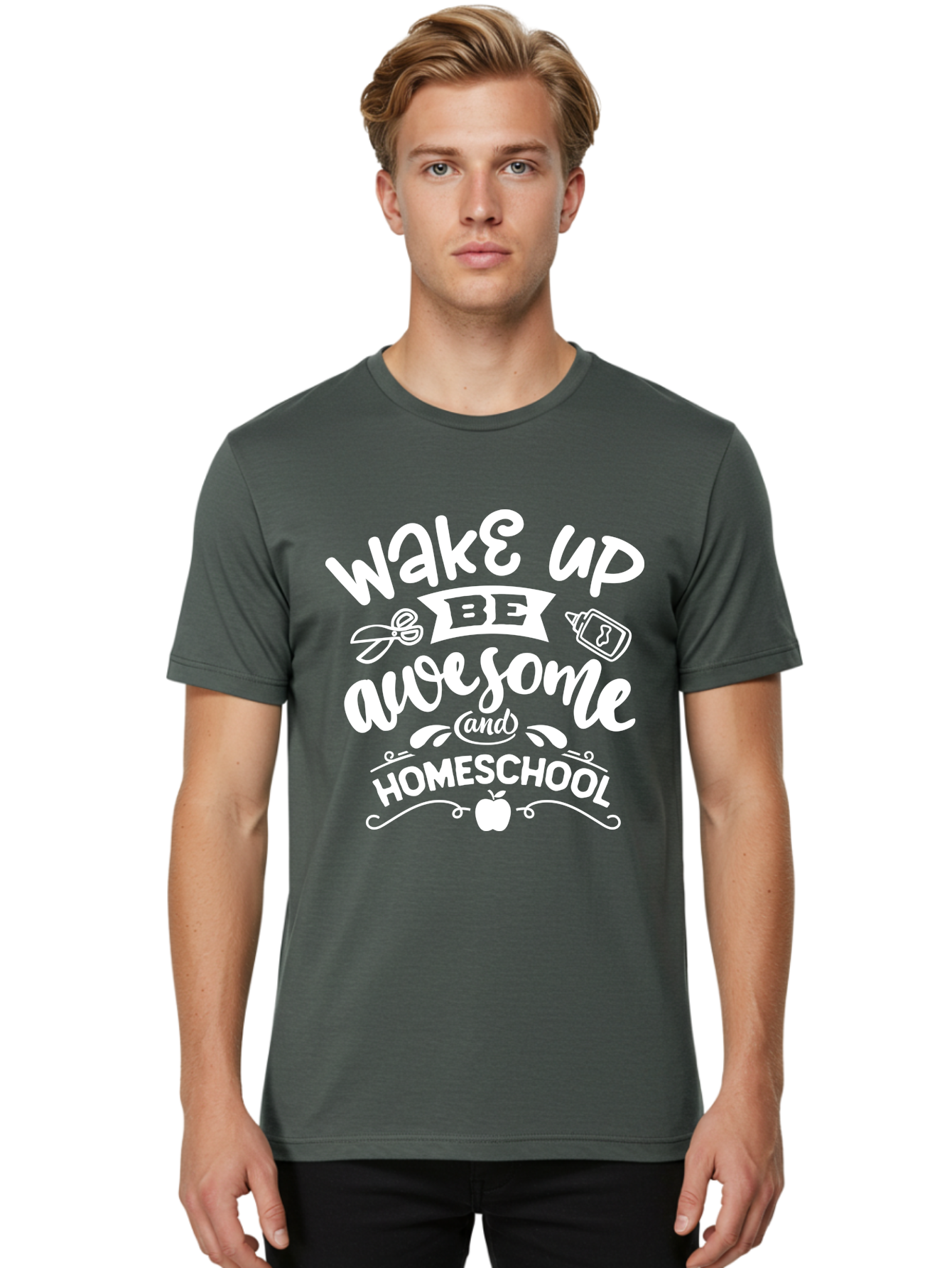 Wake-Up-Be-Awesome-And-Homeschool Men'S Graphic Tee, 100% Cotton, Comfortable Casual Summer Wear, Machine Washable, Homeschool Inspiration, Motivational Quote, Positive Affirmation, Homeschooling, Education, Learning, Apple, School Supplies Aab455