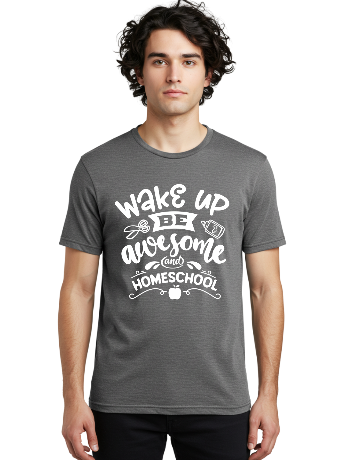 Wake-Up-Be-Awesome-And-Homeschool Men'S Graphic Tee, 100% Cotton, Comfortable Casual Summer Wear, Machine Washable, Homeschool Inspiration, Motivational Quote, Positive Affirmation, Homeschooling, Education, Learning, Apple, School Supplies Aab455