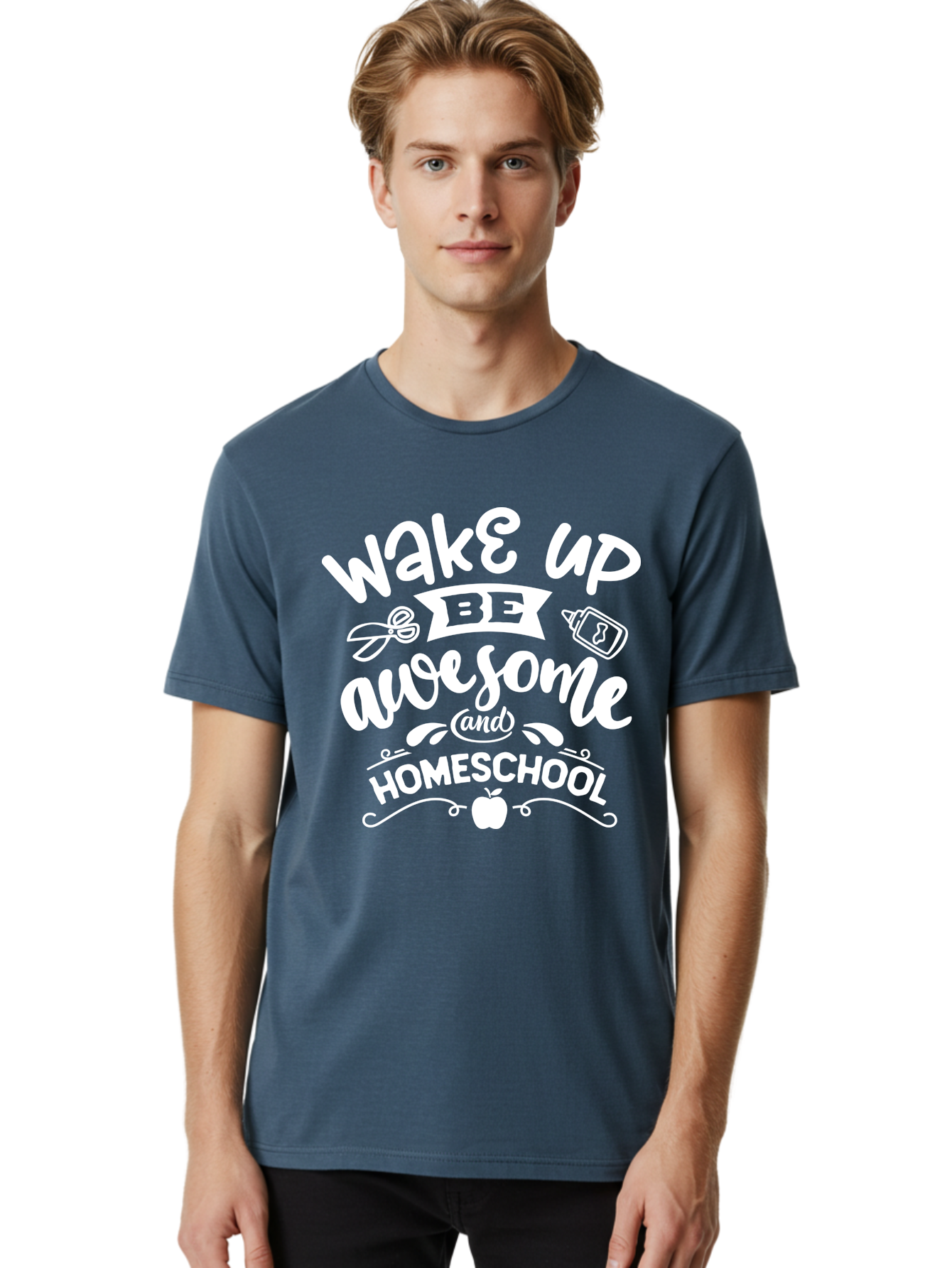 Wake-Up-Be-Awesome-And-Homeschool Men'S Graphic Tee, 100% Cotton, Comfortable Casual Summer Wear, Machine Washable, Homeschool Inspiration, Motivational Quote, Positive Affirmation, Homeschooling, Education, Learning, Apple, School Supplies Aab455
