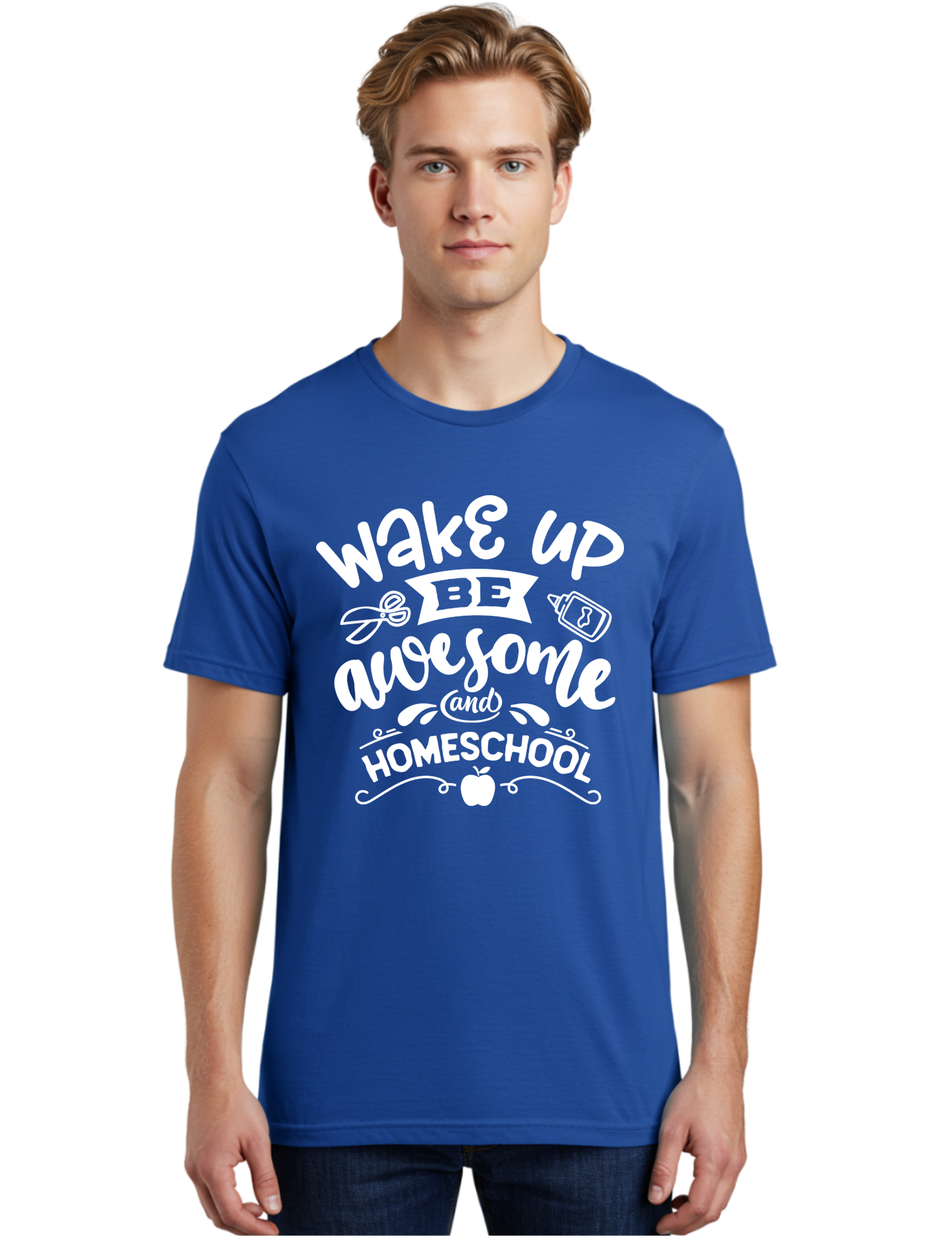 Wake-Up-Be-Awesome-And-Homeschool Men'S Graphic Tee, 100% Cotton, Comfortable Casual Summer Wear, Machine Washable, Homeschool Inspiration, Motivational Quote, Positive Affirmation, Homeschooling, Education, Learning, Apple, School Supplies Aab455