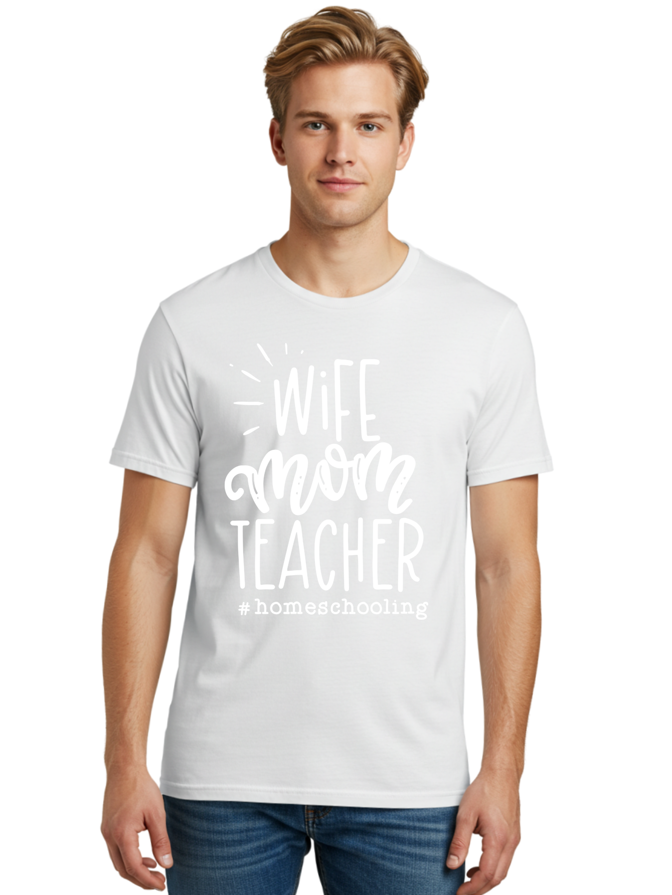Wife-Mom-Teacher-Homeschooling Men'S Graphic Tee, 100% Cotton, Comfortable Casual Summer Wear, Machine Washable, Homeschooling Mom, Wife And Mother, Teacher Inspiration, Homeschooling Lifestyle, Parenting Goals, Mom Life, Teacher Life Aab457